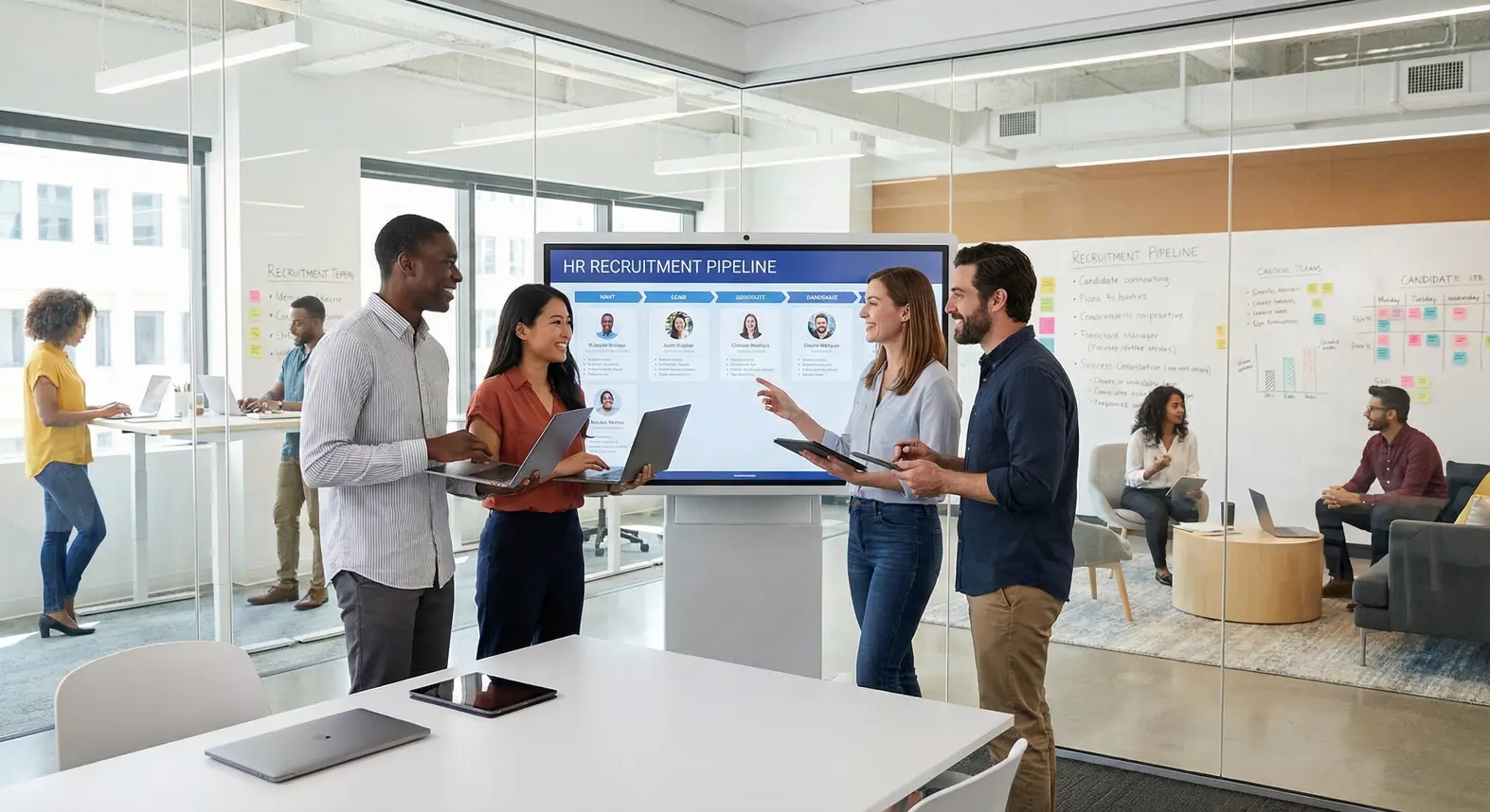 alt_text: Diverse professionals in een moderne kantooromgeving werken samen aan HR-recruitment met digitale tools.