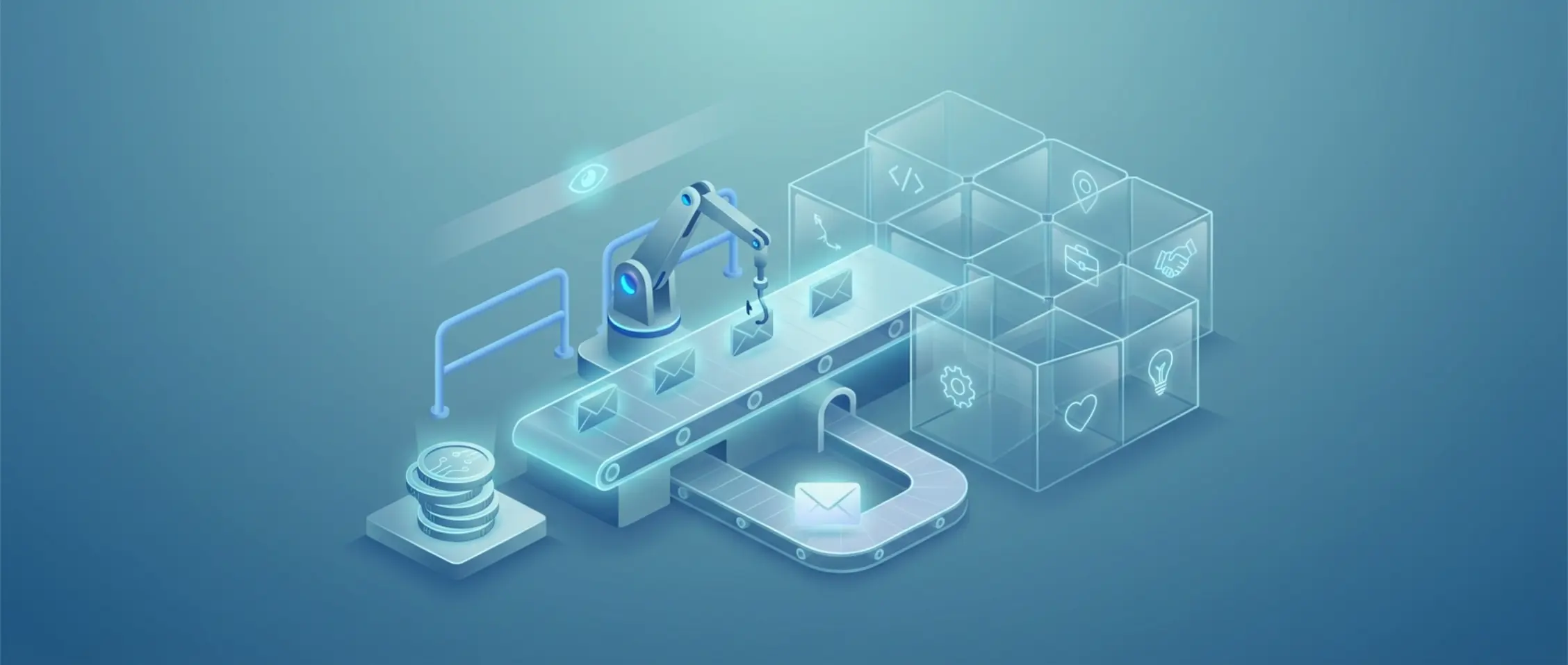 Futuristische fabriek met lopende band die lichtgevende enveloppen sorteert in glazen modules met unieke icoontjes, symbool voor slimme personalisatie.