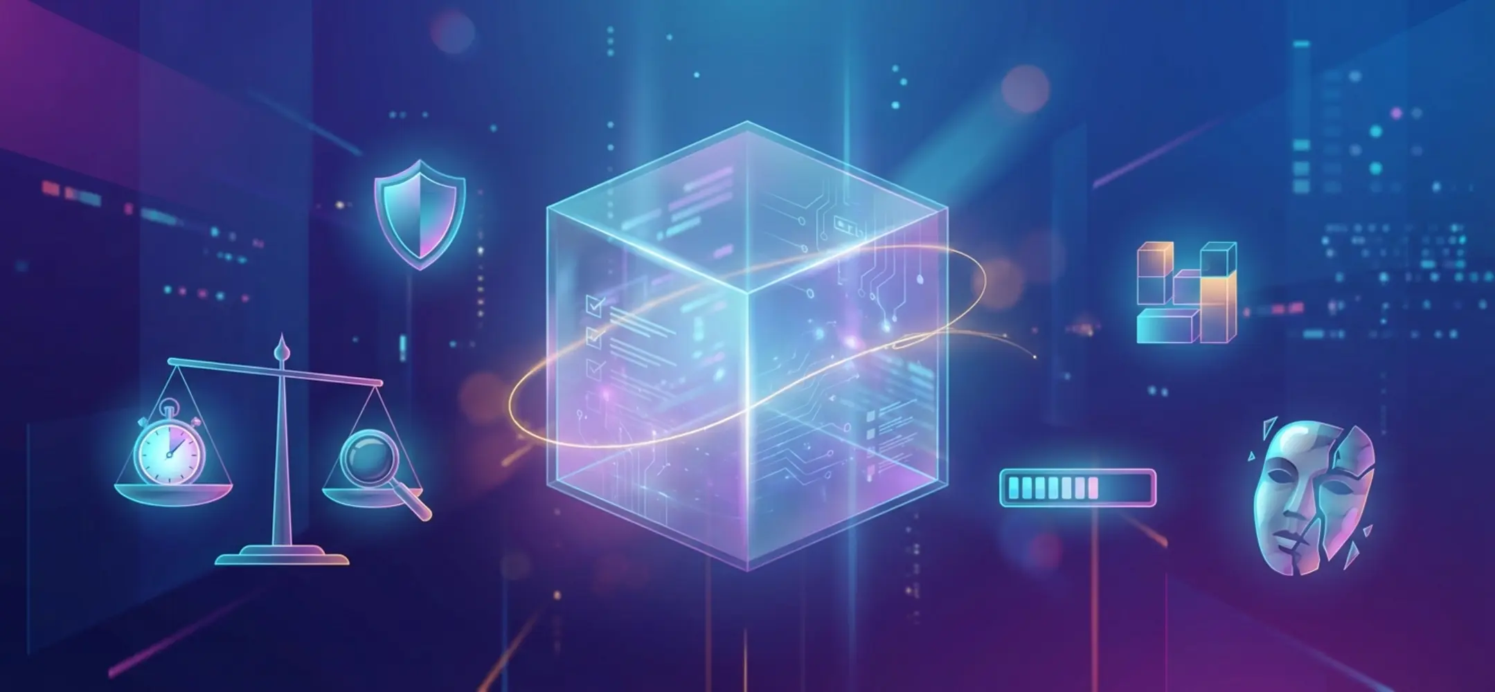 Surrealistisch glazen prisma met gloeiende datastromen en empathisch licht, omringd door zwevende objecten rond ethiek, snelheid en technologie.