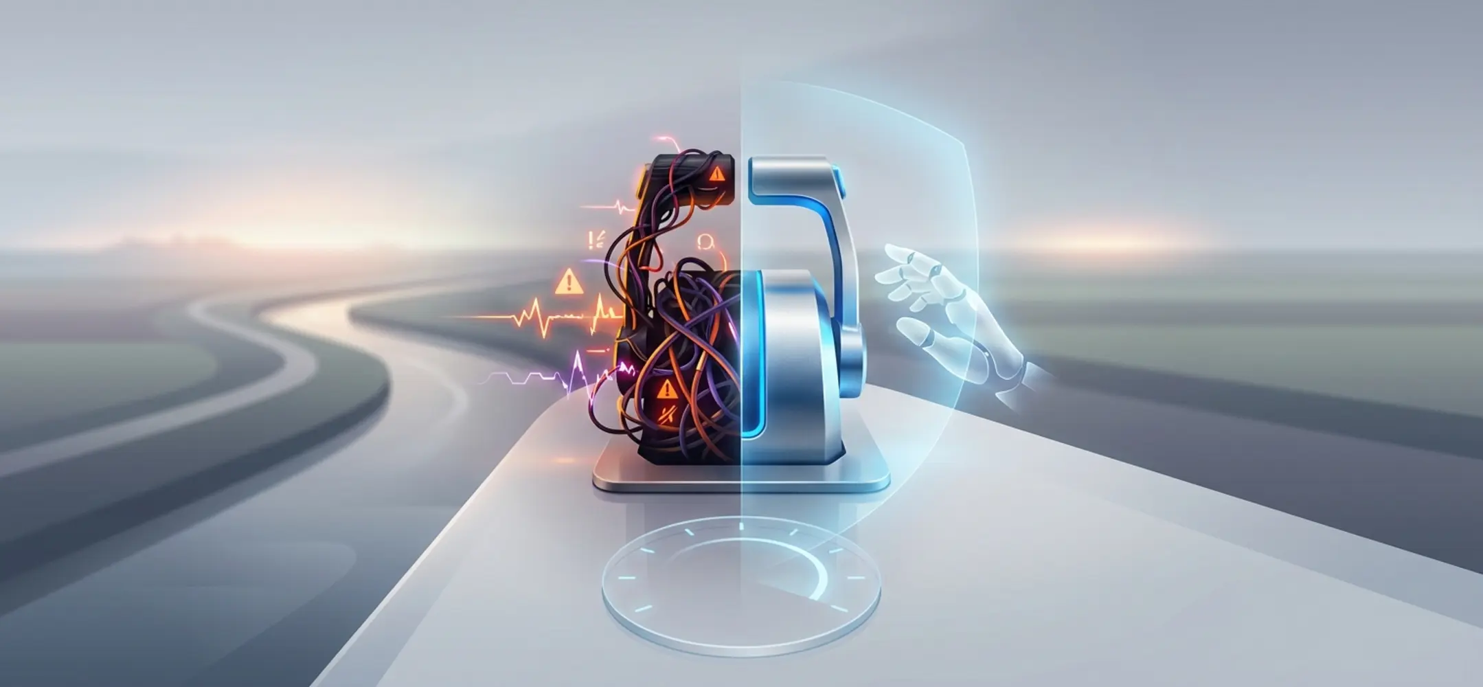 Autopilot hendel met chaotische en gecontroleerde zijden, speedlimietmeter en abstract Nederlands landschap op de achtergrond.