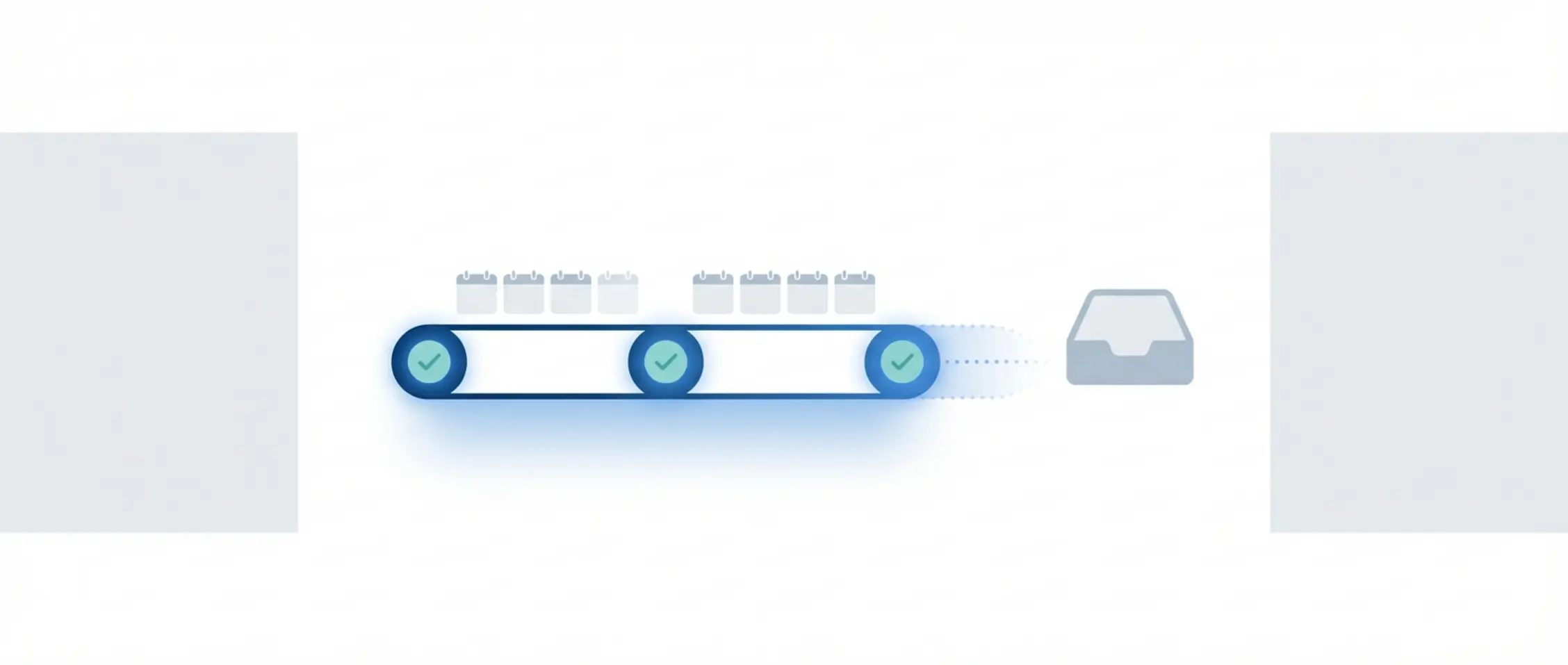 Minimalistisch vectorbeeld van een tijdlijn met drie gloeiende knooppunten richting een inbox, als symbool voor een follow-upstrategie.