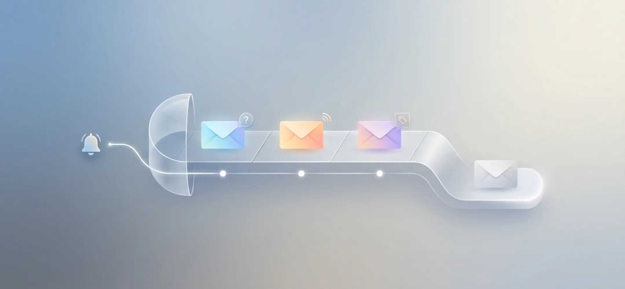 Minimalistische vectorafbeelding van een tijdlijn met zwevende enveloppen die geleidelijk veranderen en eindigen bij een rustig eindpunt, met veel witruimte.