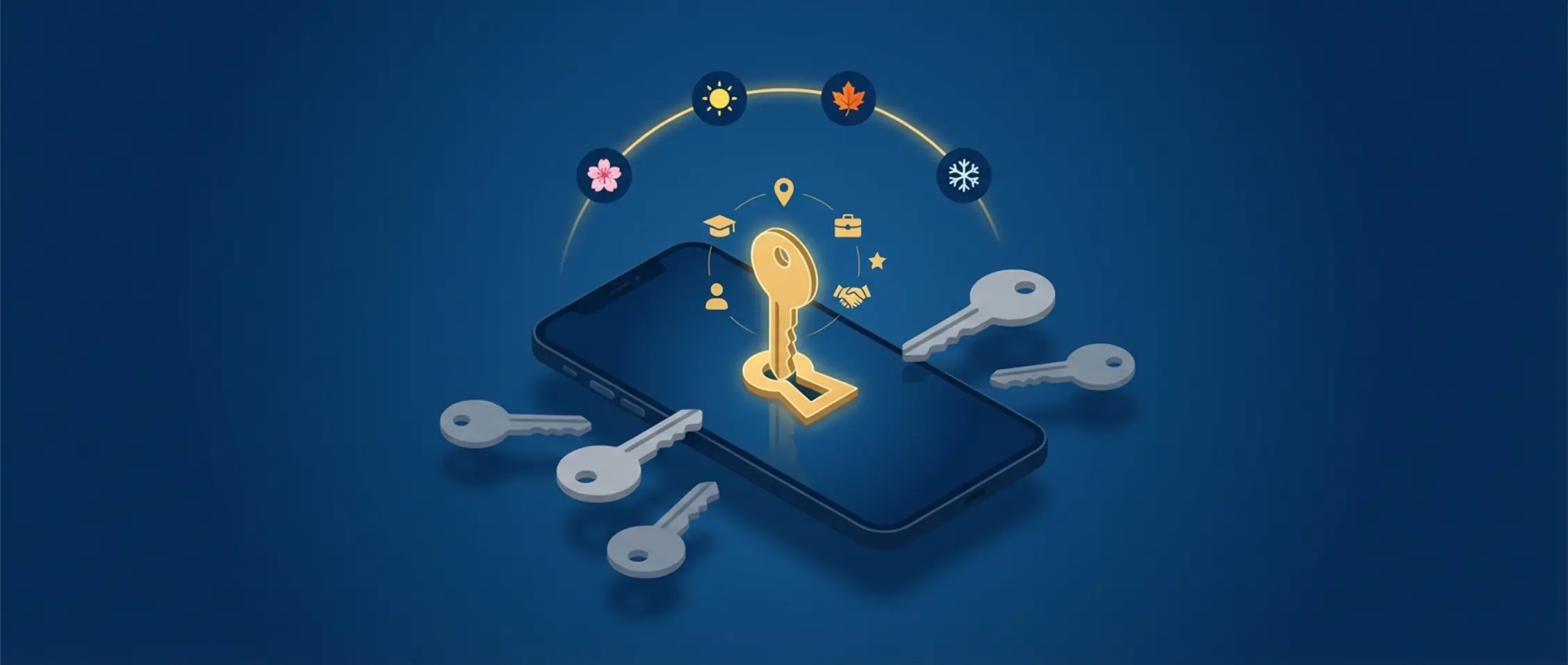 Gouden sleutel past in smartphone terwijl grijze sleutels zweven; omlijst door seizoensiconen en datapunten, met moderne HR-tech uitstraling.