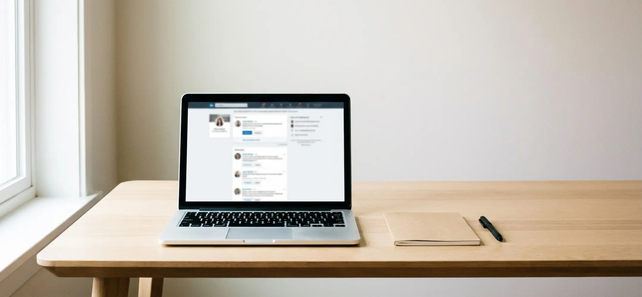 Minimalistisch werkbureau met een open laptop, notitieblok en pen op een licht houten tafel in natuurlijk licht.