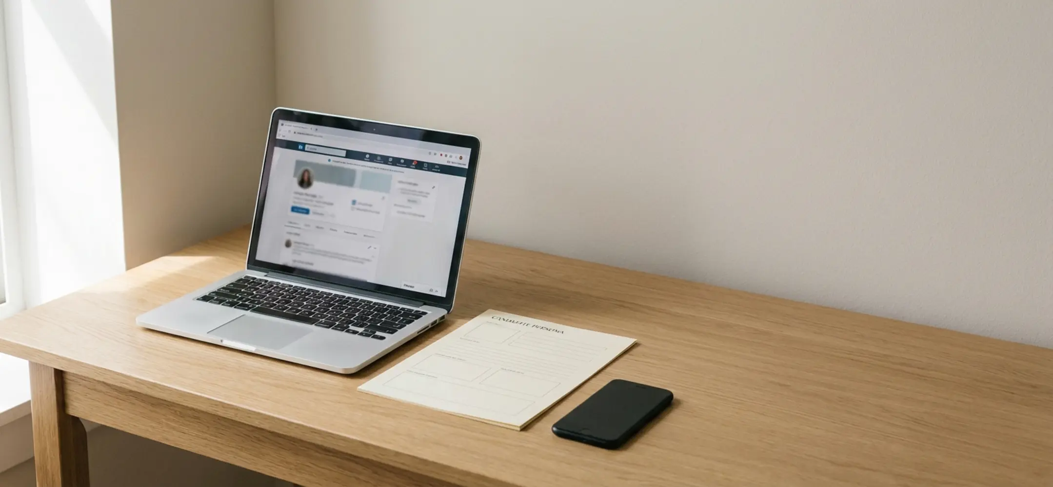Minimalistisch bureau met open laptop, kandidaatsprofiel op papier en smartphone op een licht houten oppervlak in natuurlijk licht.