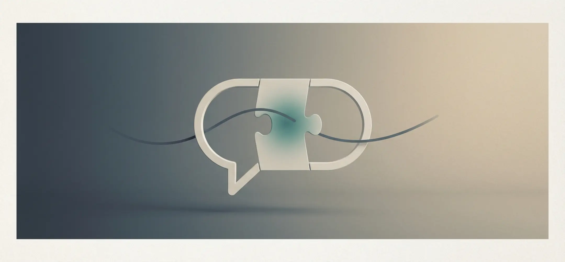 Abstracte spraakballon van puzzelstukken boven een rustige achtergrond met curve-lijn voor persoonlijke communicatie.