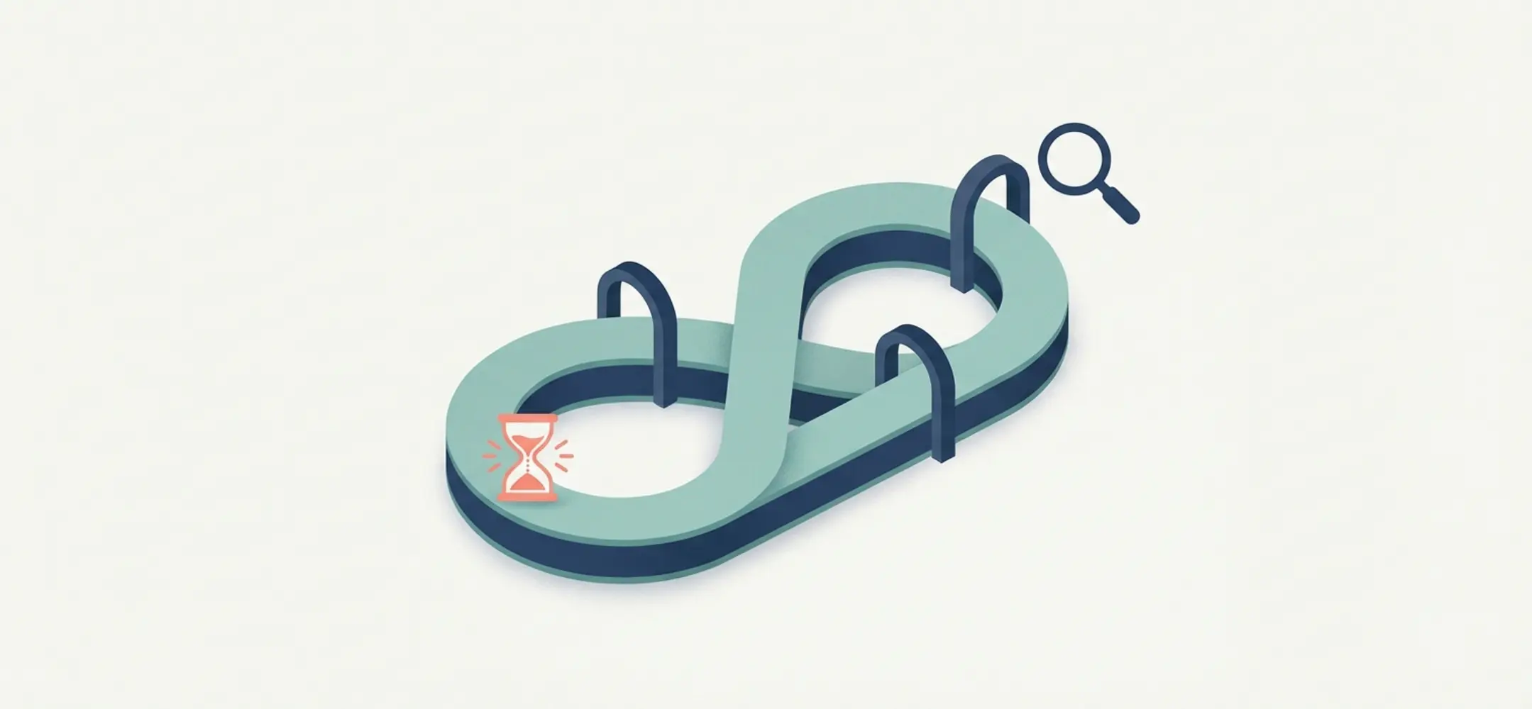 Illustratie van een oneindige wervingsband met checkpoints, een zandloper en een vergrootglas dat knelpunten in het proces onderzoekt.