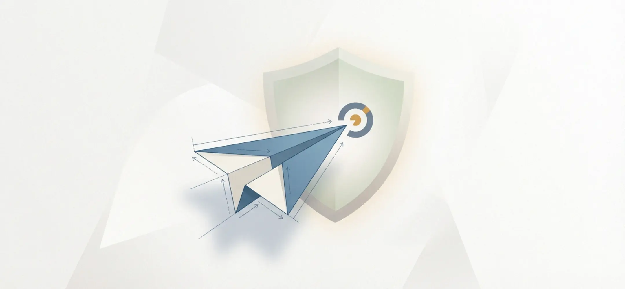 Minimalistische illustratie van een origami vliegtuig gericht op een doelwit, met zachte kleuren en veel negatieve ruimte.