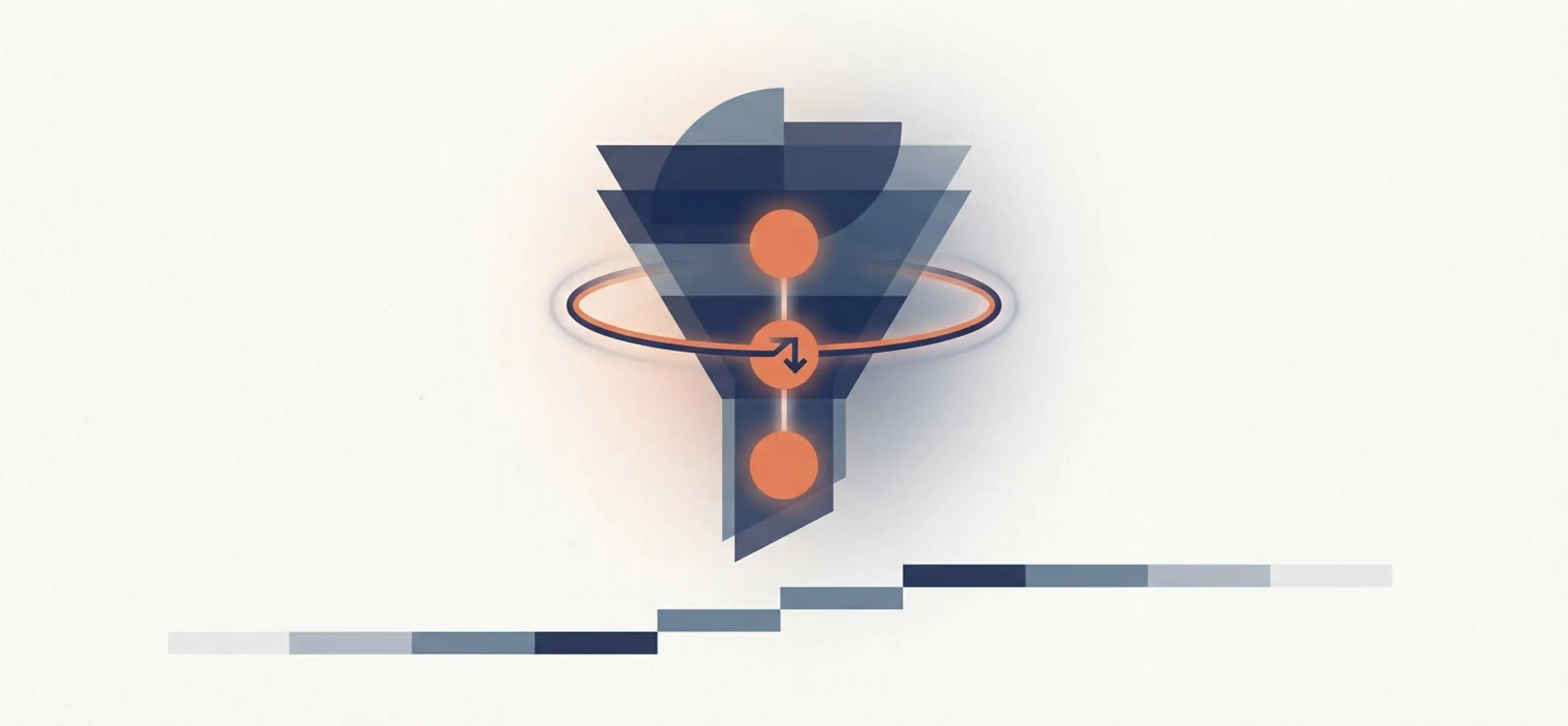 Abstracte illustratie van een transparante trechter met drie KPIsymbolen erin, omringd door ritme- en faseringselementen op een rustige achtergrond.