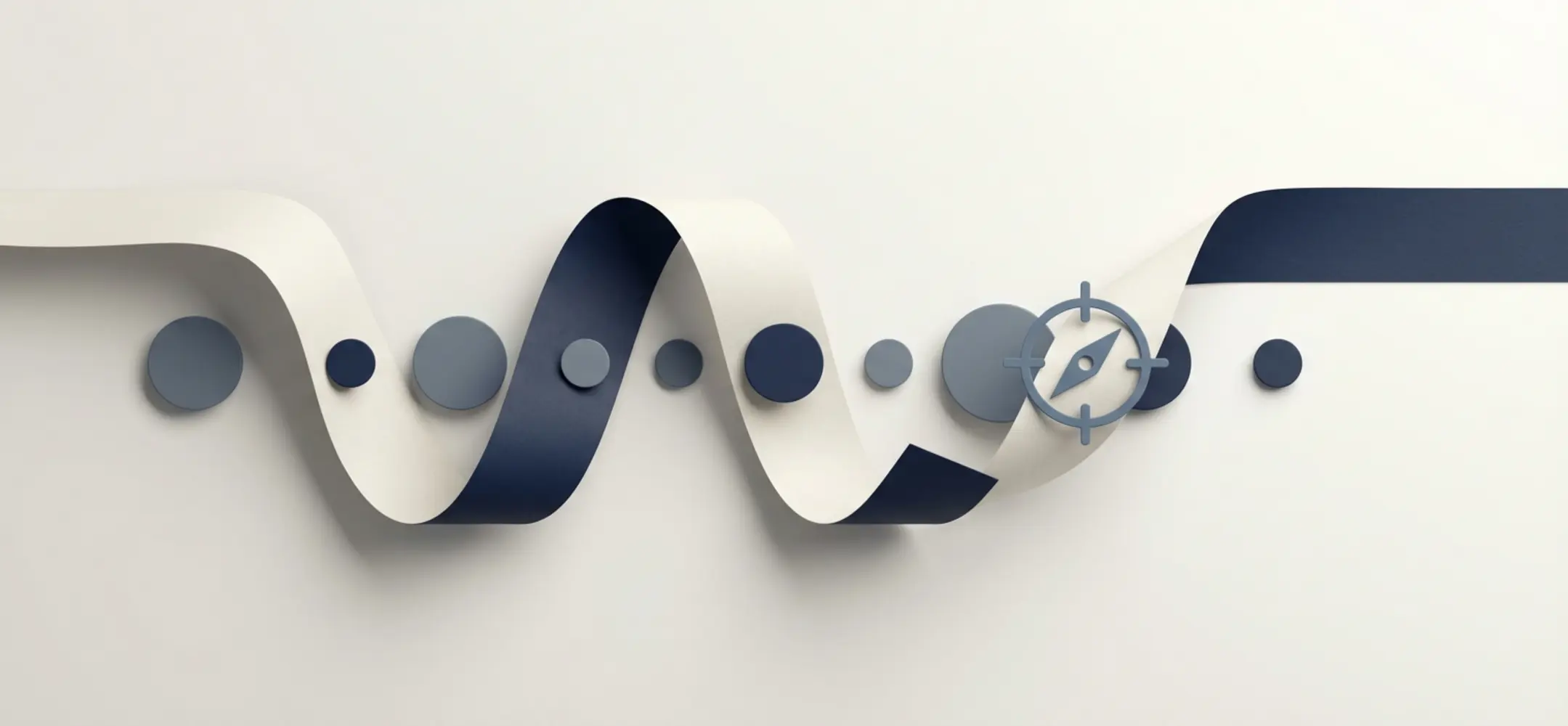 Abstracte visualisatie van een recruitmentproces met een vloeiend lint, cirkelvormige knooppunten en een richtsysteem op een lichte achtergrond.