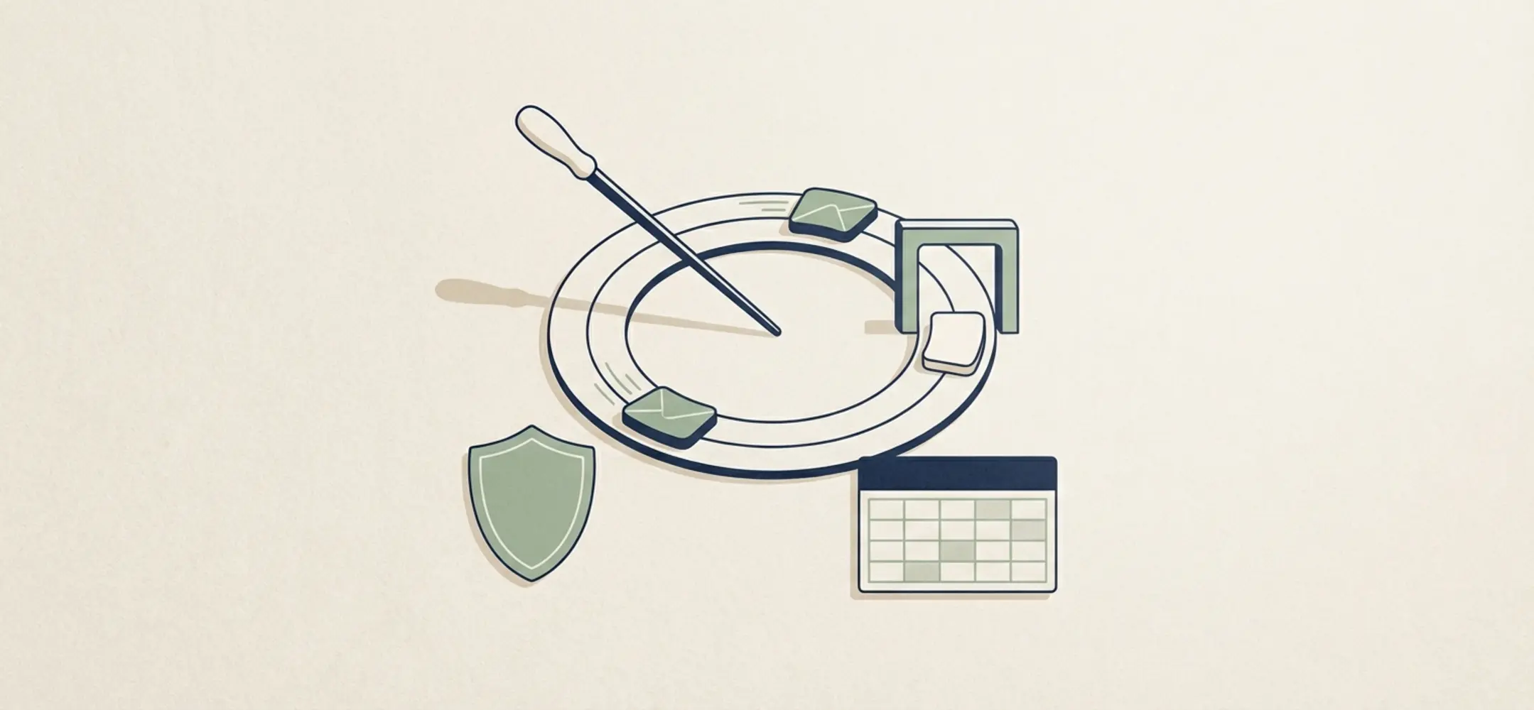 Illustratie van een dirigeerstok boven een cirkelvormige baan met bewegende tegels, een pauzepunt en subtiele elementen voor controle en compliance.