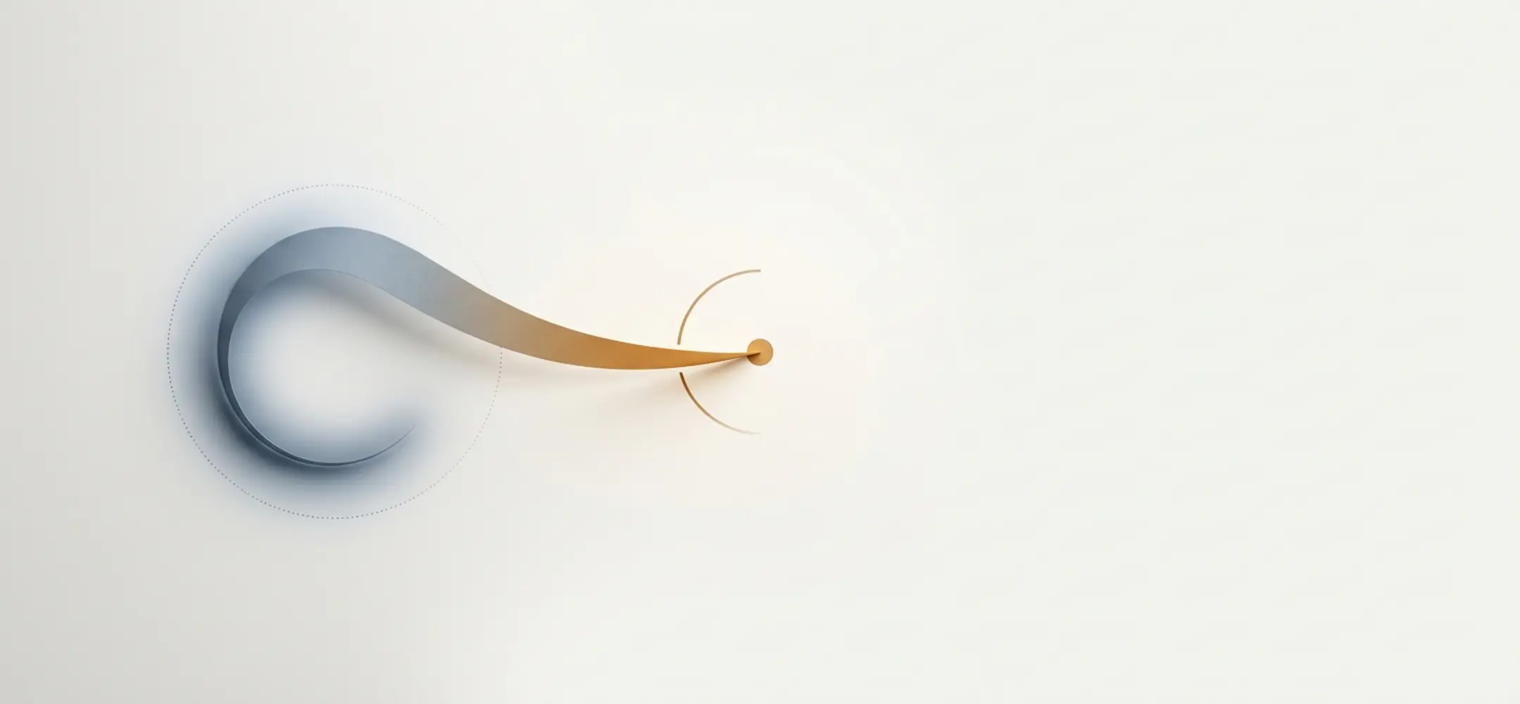 Abstract lintachtig pad van blauw naar amber verbindt een diffuse halo met een gesprekspunt op witte achtergrond met subtiele accenten.