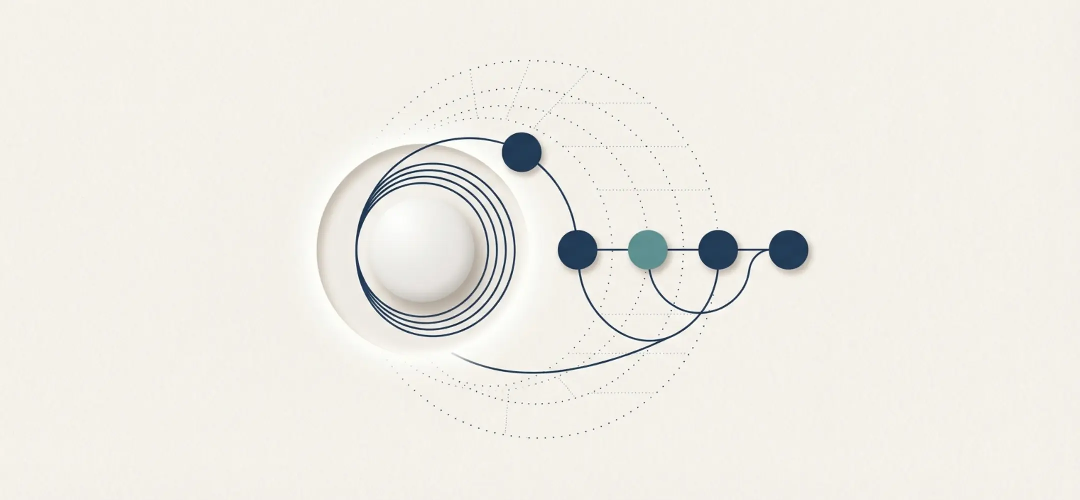 Abstracte visualisatie van gecentraliseerde rekruteringsflow met een centrale witte hub en gestroomlijnde lijn naar minimalistische kandidaatstadia.