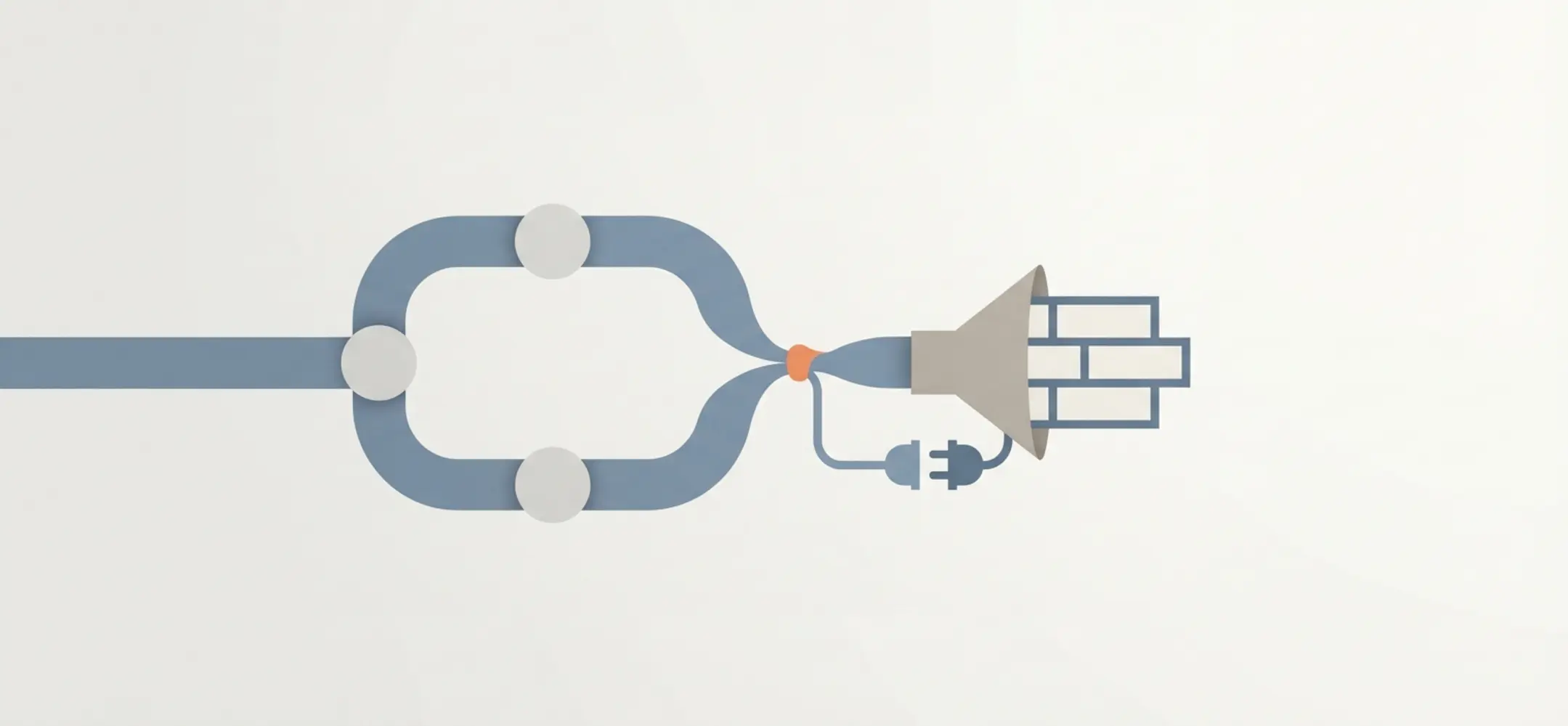 Abstracte illustratie van een stroomdiagramlint met knelpunten en trechter, eindigend in een blok; zachte kleuren en plug als integratiehint.