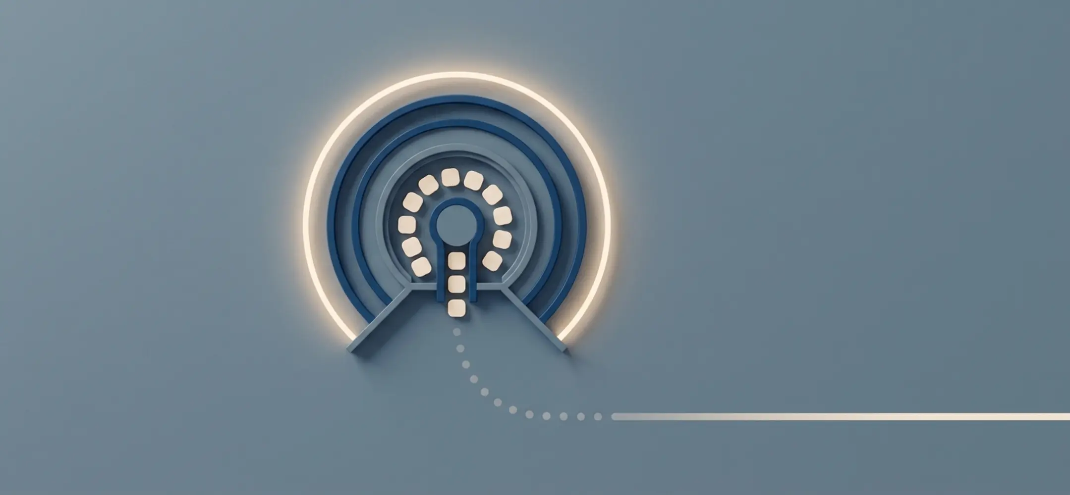 Abstracte poster met minimalistische meter die een gelijkmatige stroom kleine punten doorlaat en een rustige outreach cadans suggereert