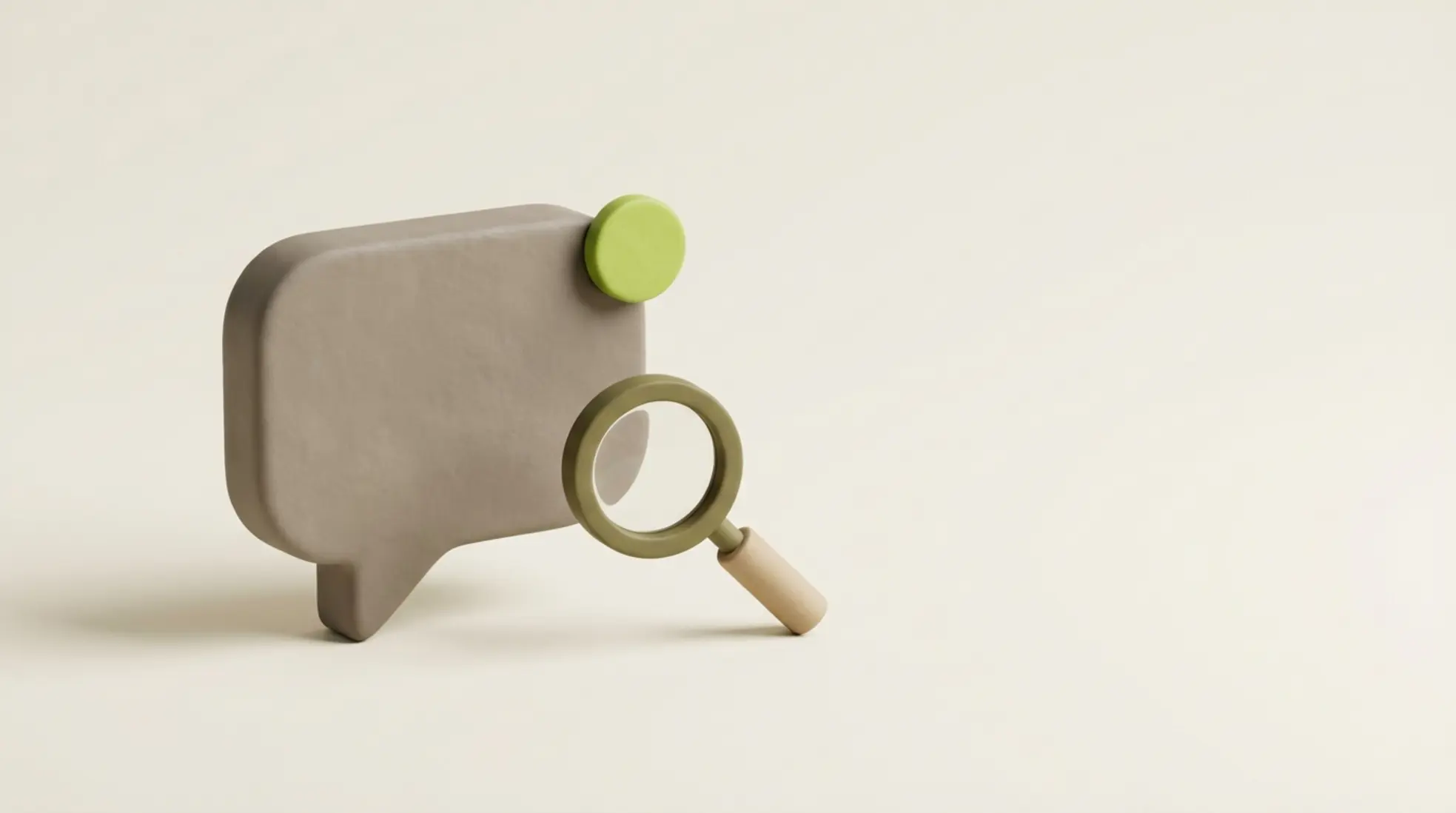 3D render van minimalistische chatbubbel met groene notificatiestip en vergrootglas op cremekleurige achtergrond met veel lege ruimte rechts