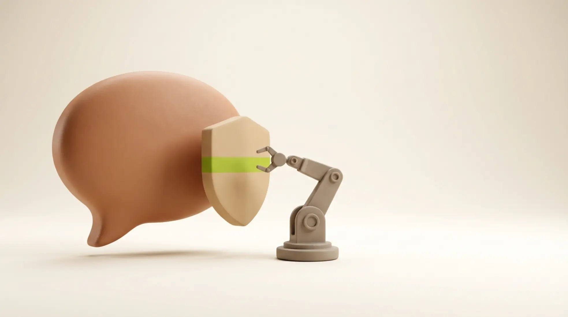 3D beeld van chatbubbel met robotarm die wordt tegengehouden door schild symbool voor blokkade van geautomatiseerde LinkedIn berichten