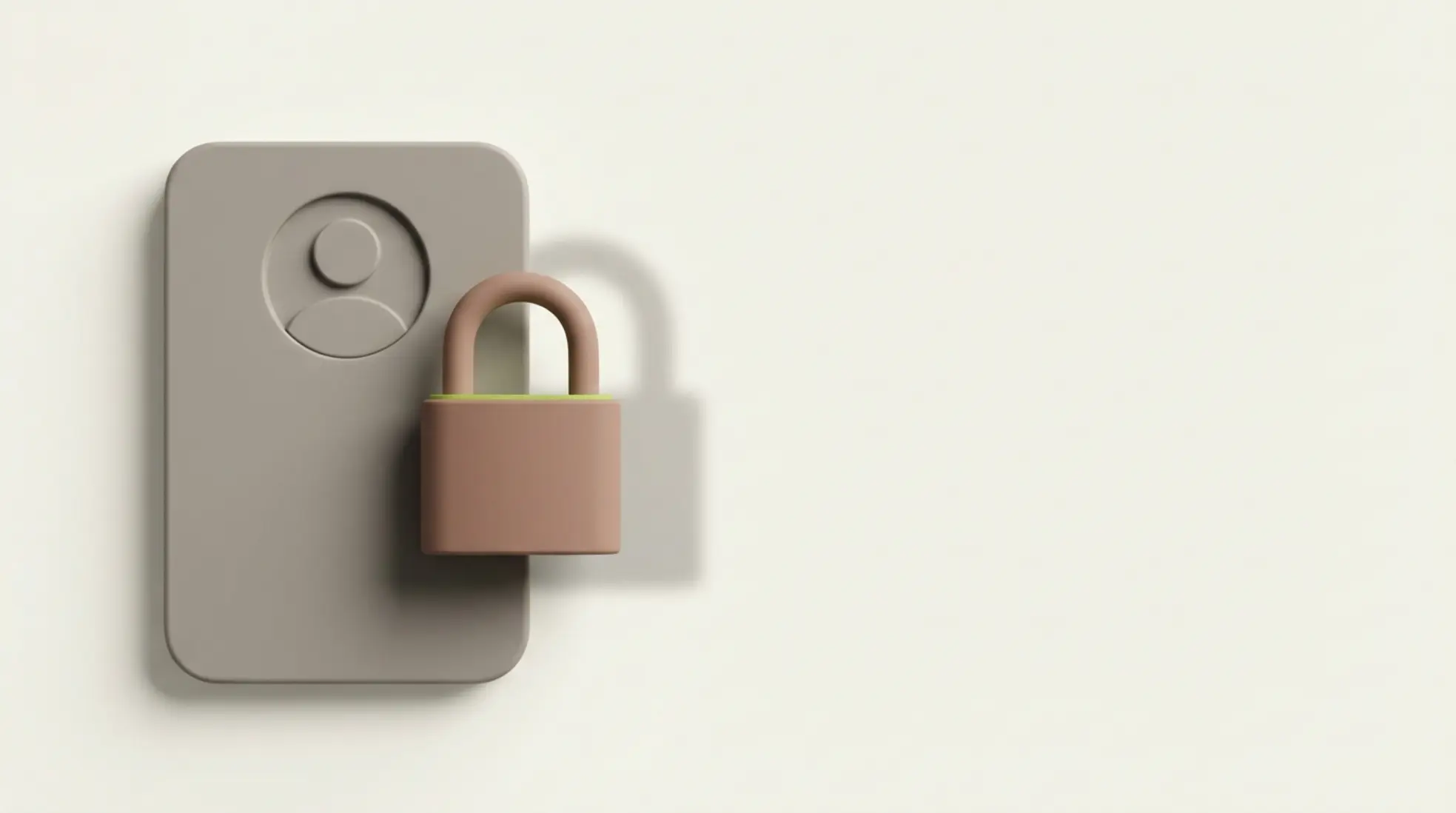 Minimalistische 3D kaart met profielicoon deels bedekt door slot, met vage tweede gebruiker erachter geblokkeerd, symbool voor geen delen toegestaan