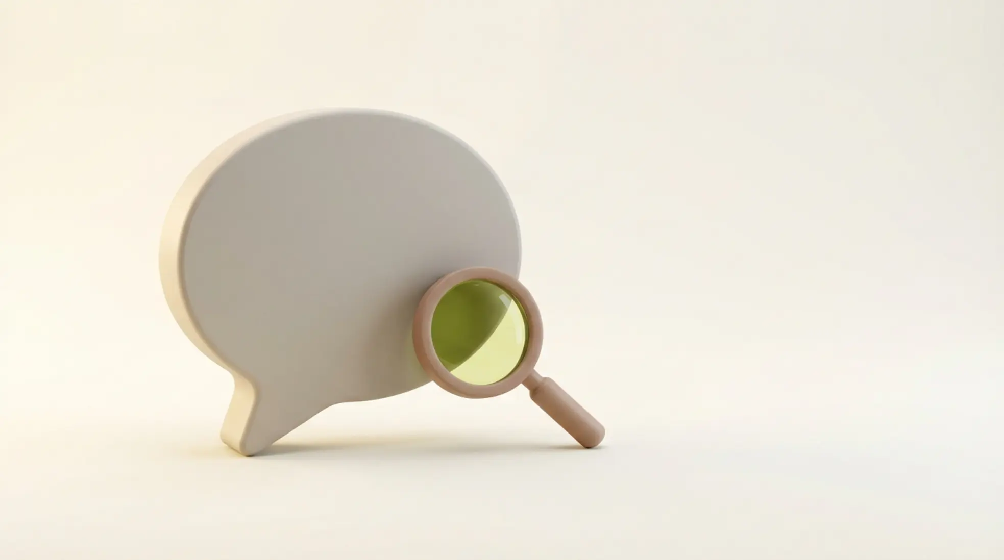 3D render van matte chatbel met vergrootglas op warme lichte achtergrond, minimalistisch met veel lege ruimte rechts