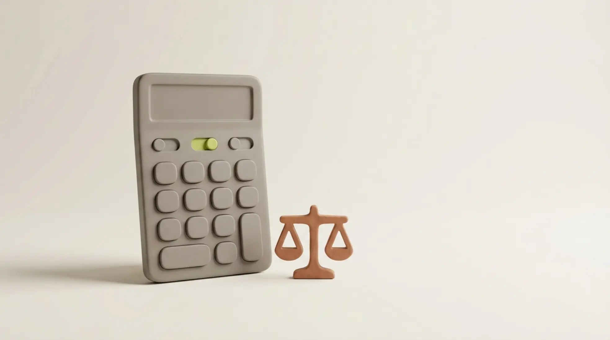 Minimalistische 3D calculator met sliders en kleine weegschaal op warme lichte achtergrond, symbool voor abonnement keuzes en kostenafweging