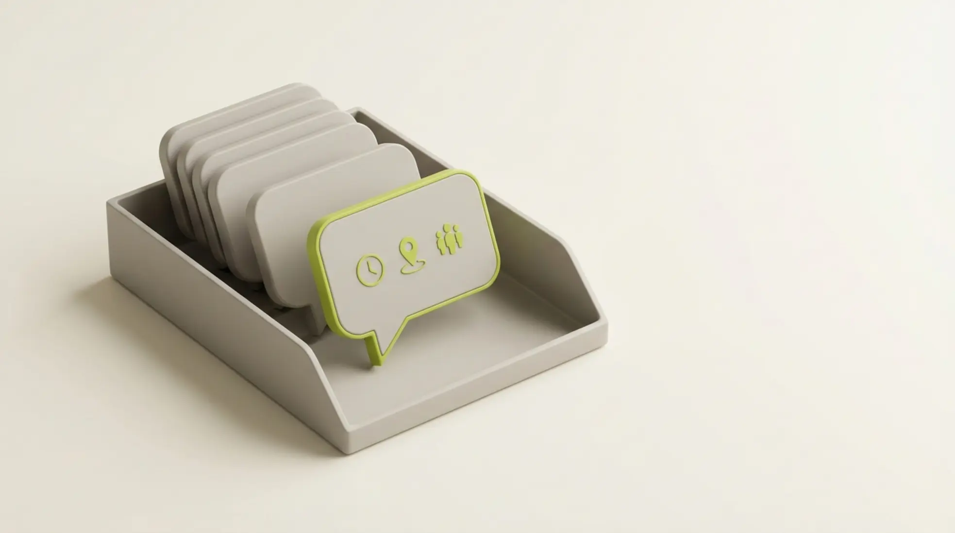 Minimalistische 3D inbox met grijze chatbubbels, één gemarkeerd in limoengroen, symbool voor genegeerde berichten en planning in rustige studioverlichting