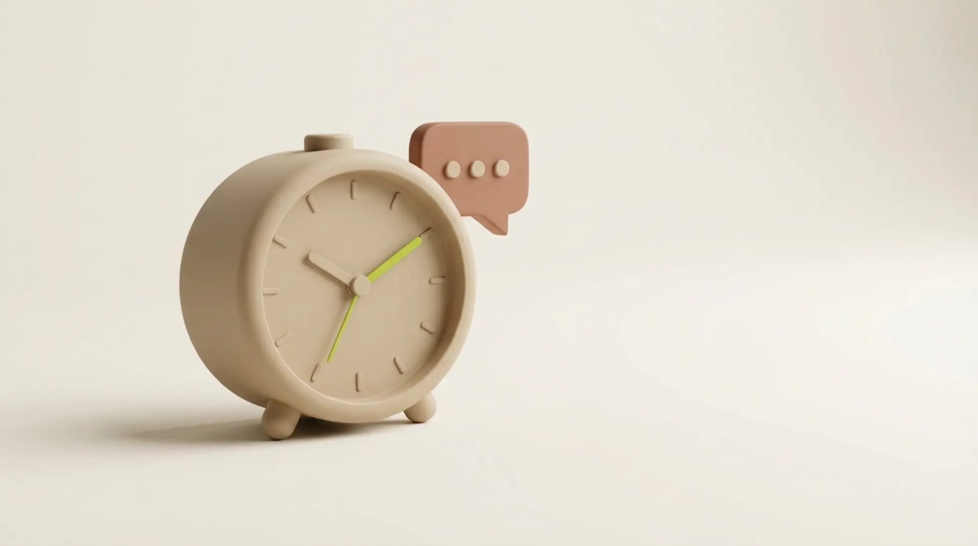 Minimalistische 3D weergave van zandkleurige wekker met groene secondewijzer en subtiele chatbubbel op warme lichte achtergrond met veel lege ruimte