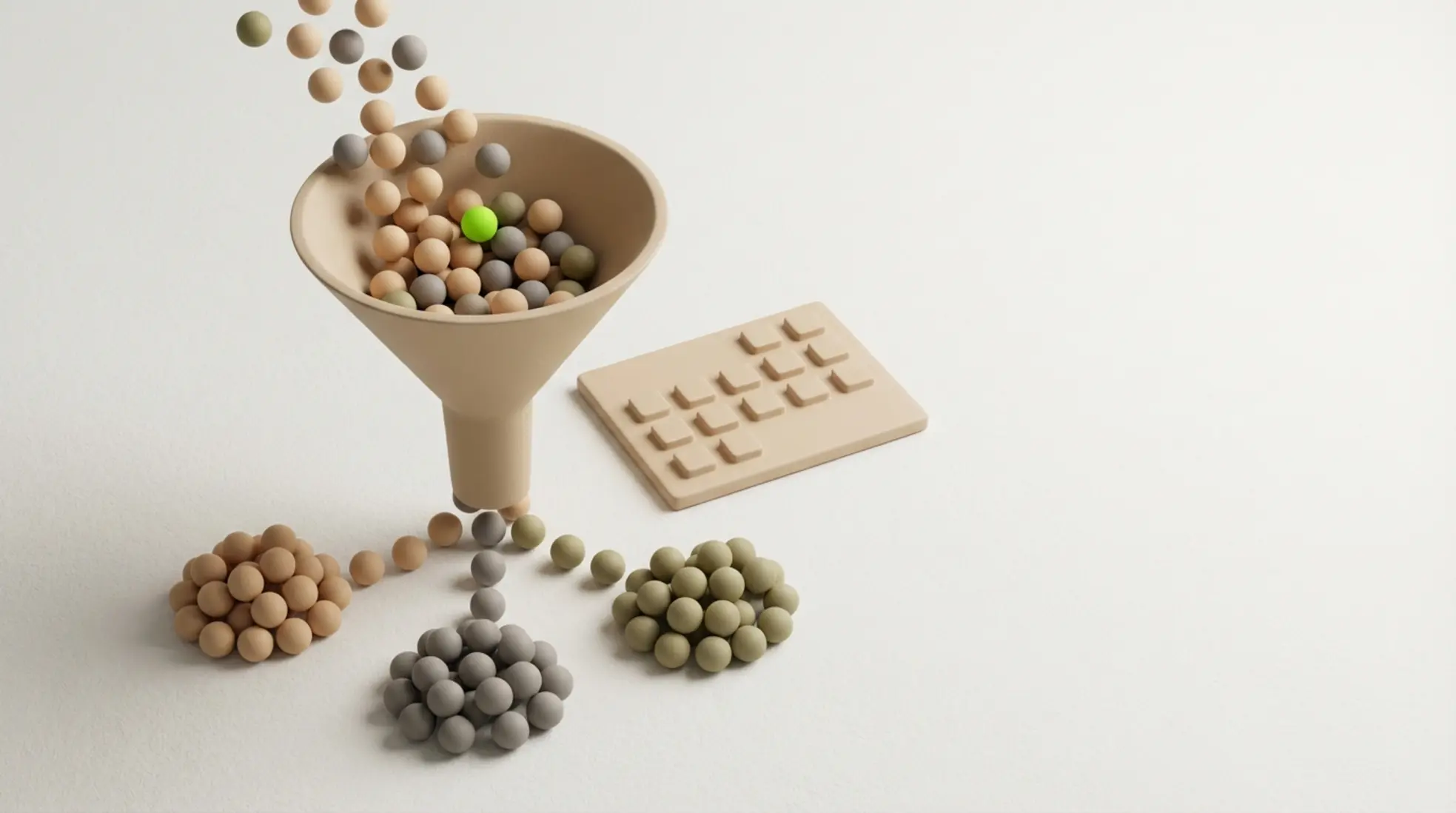 3D render van zandkleurige trechter met knikkers die in drie kleurgroepen sorteren met één limegroene knikker naast een minimalistische kalendertegel