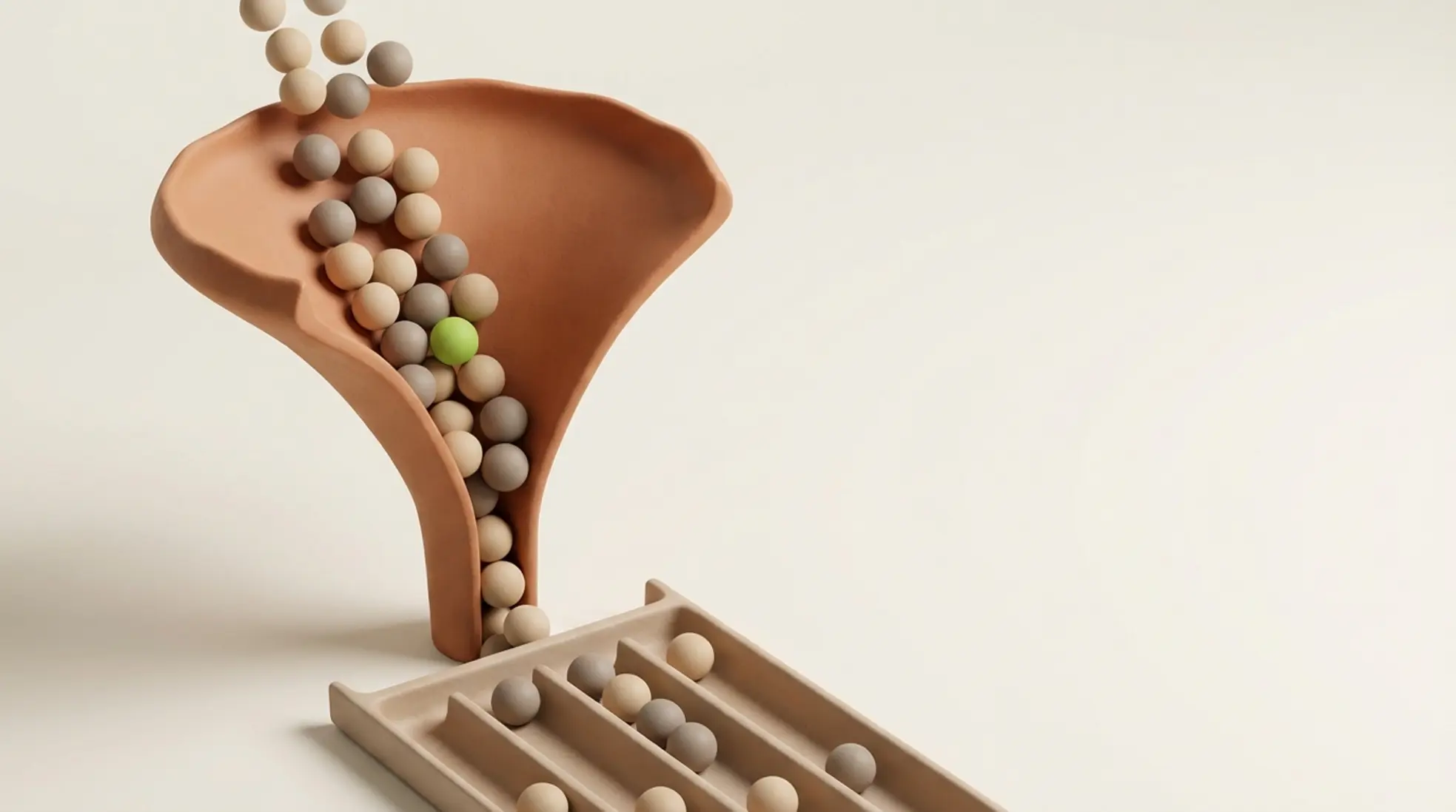 3D funnel in warme kleurtinten met bolletjes die doorstromen naar een gestructureerd kanaal, één opvallend groen bolletje in beweging