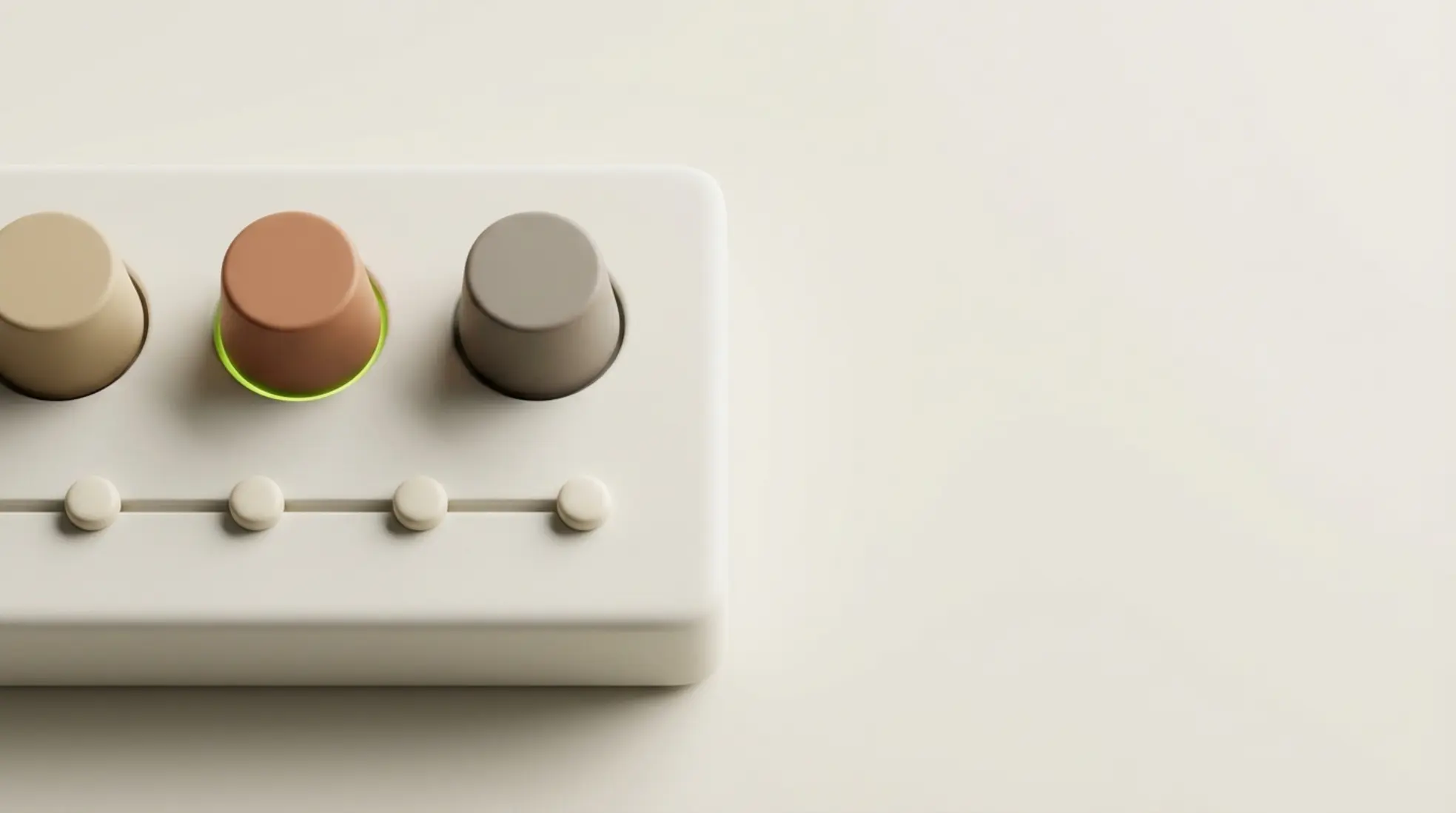 Minimalistisch 3D paneel met schakelaars en workflowstappen, één schakelaar in limegroen, zachte belichting en veel lege ruimte rechts