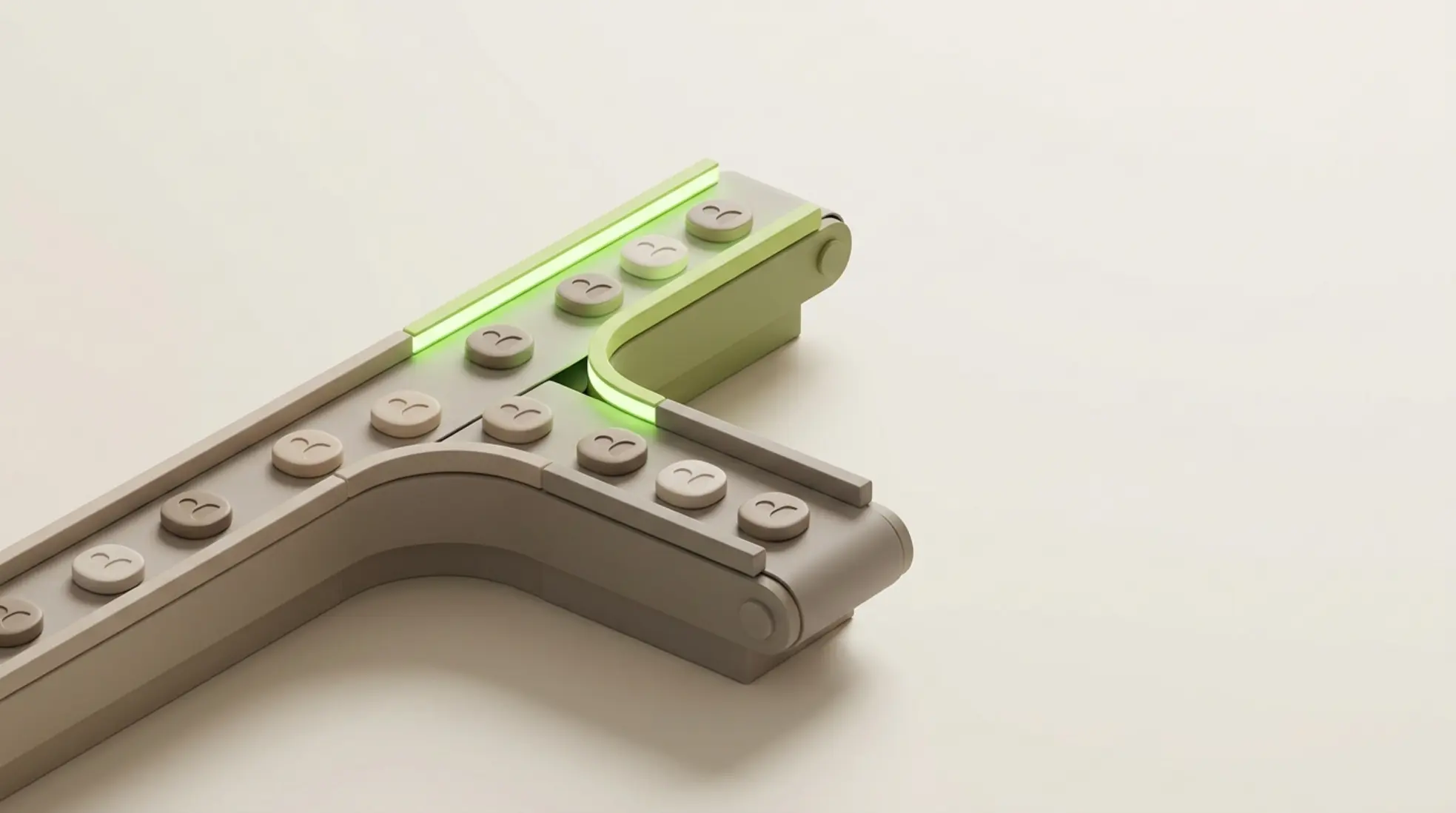 Minimalistische 3D lopende band die abstracte kandidaten verdeelt over twee paden, symbool voor AI-gestuurde selectie en screening