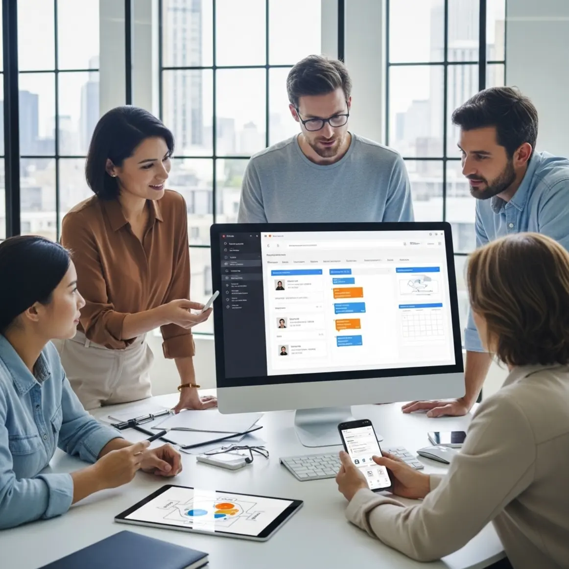 Diverse recruiters werken samen met laptops in een modern kantoor met dashboards op schermen.