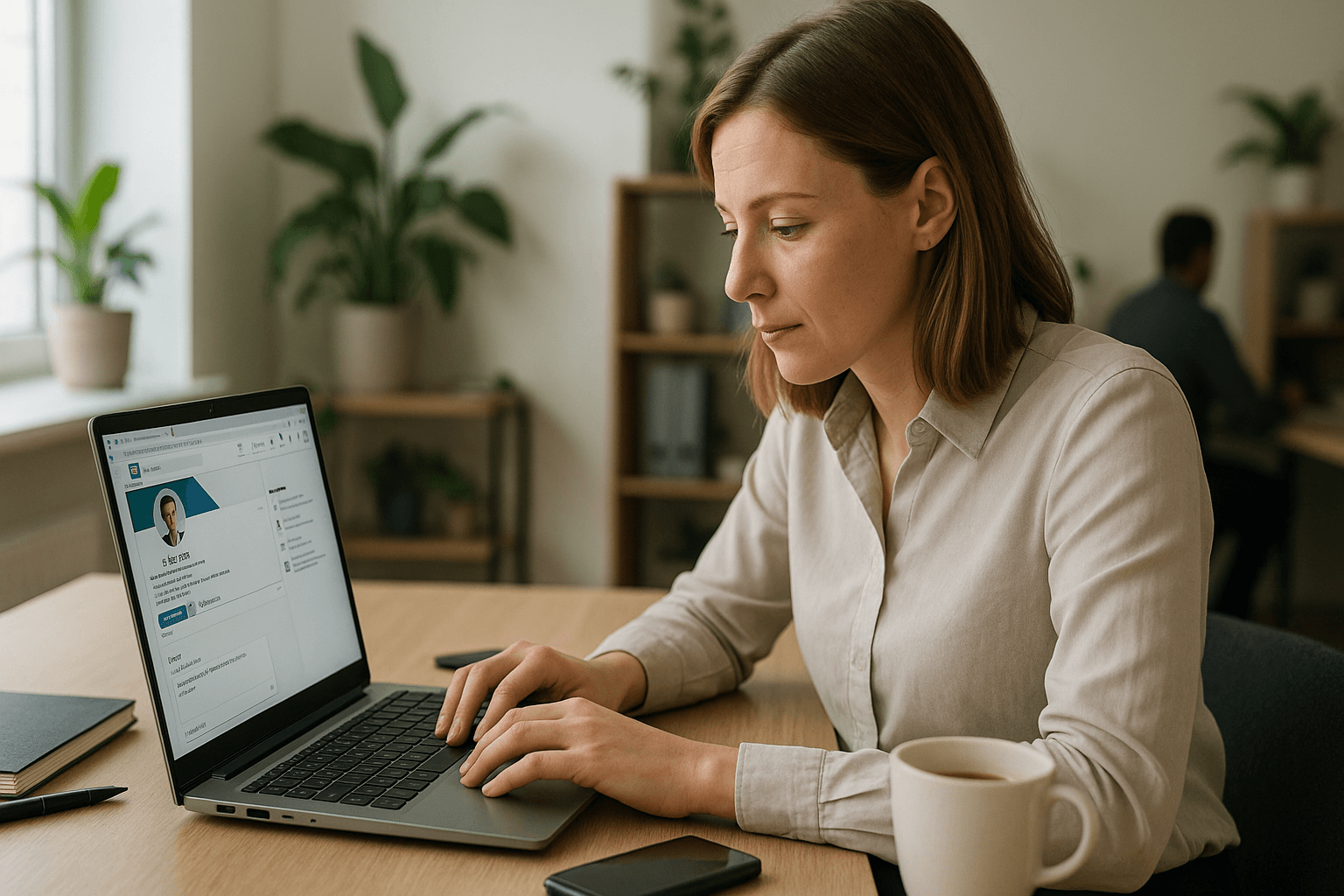 Corporate recruiter op kantoor bekijkt LinkedIn-profiel op laptop en schrijft een persoonlijk bericht aan een kandidaat.