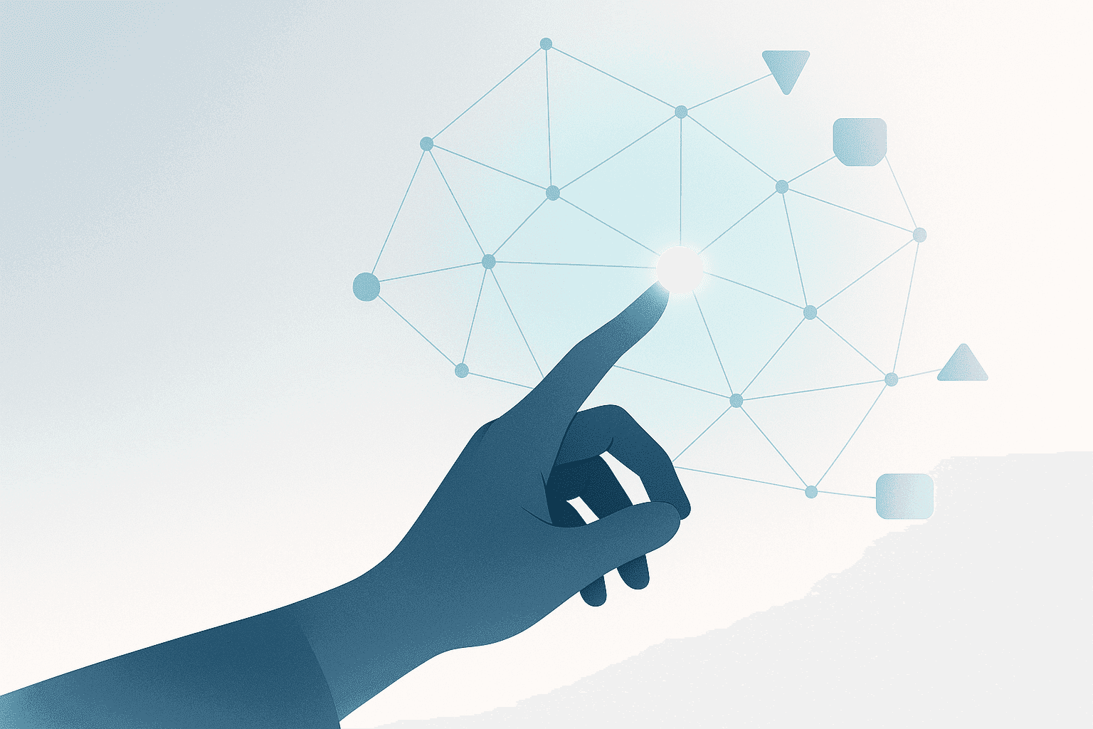 Illustratie van menselijke hand die abstract AI-netwerk bestuurt in blauw-grijze tinten, symbool voor controle over AI in recruitment.