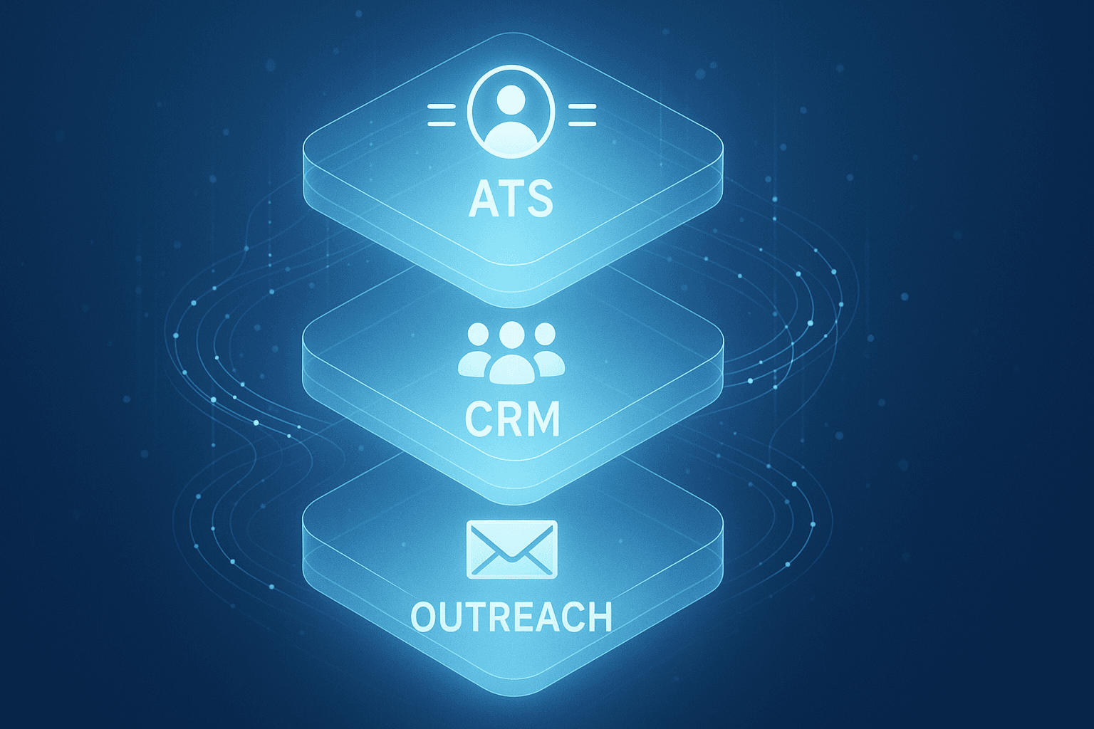 Abstracte weergave van een digitale recruitment stack: drie lagen met iconen voor ATS, CRM en outreach, verbonden door datalijnen, lichte futuristische stijl met blauw en wit