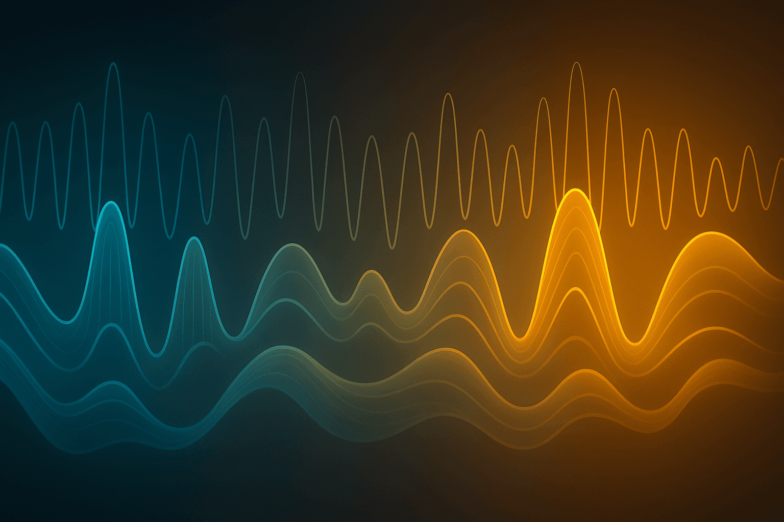Een abstracte compositie van geluids- en lichtgolven die visueel een ritme vormen. Symbolisch voor “toon” en “timing” in communicatie. Kleurverloop van koelblauw naar warmgeel