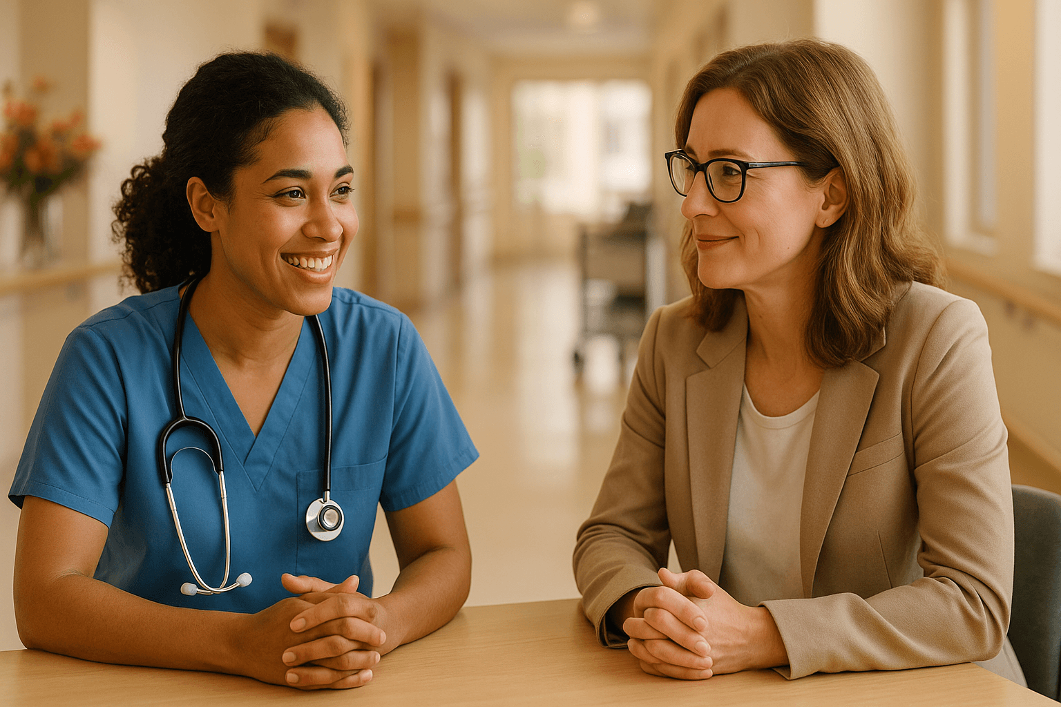 Een zorgverlener in uniform en een recruiter zitten aan een tafel in een lichte ruimte, met warme natuurlijke belichting. Op de achtergrond onscherpe zorgomgeving (gang, bloemen, verpleegkar). Focus op menselijke verbinding, niet technologie.