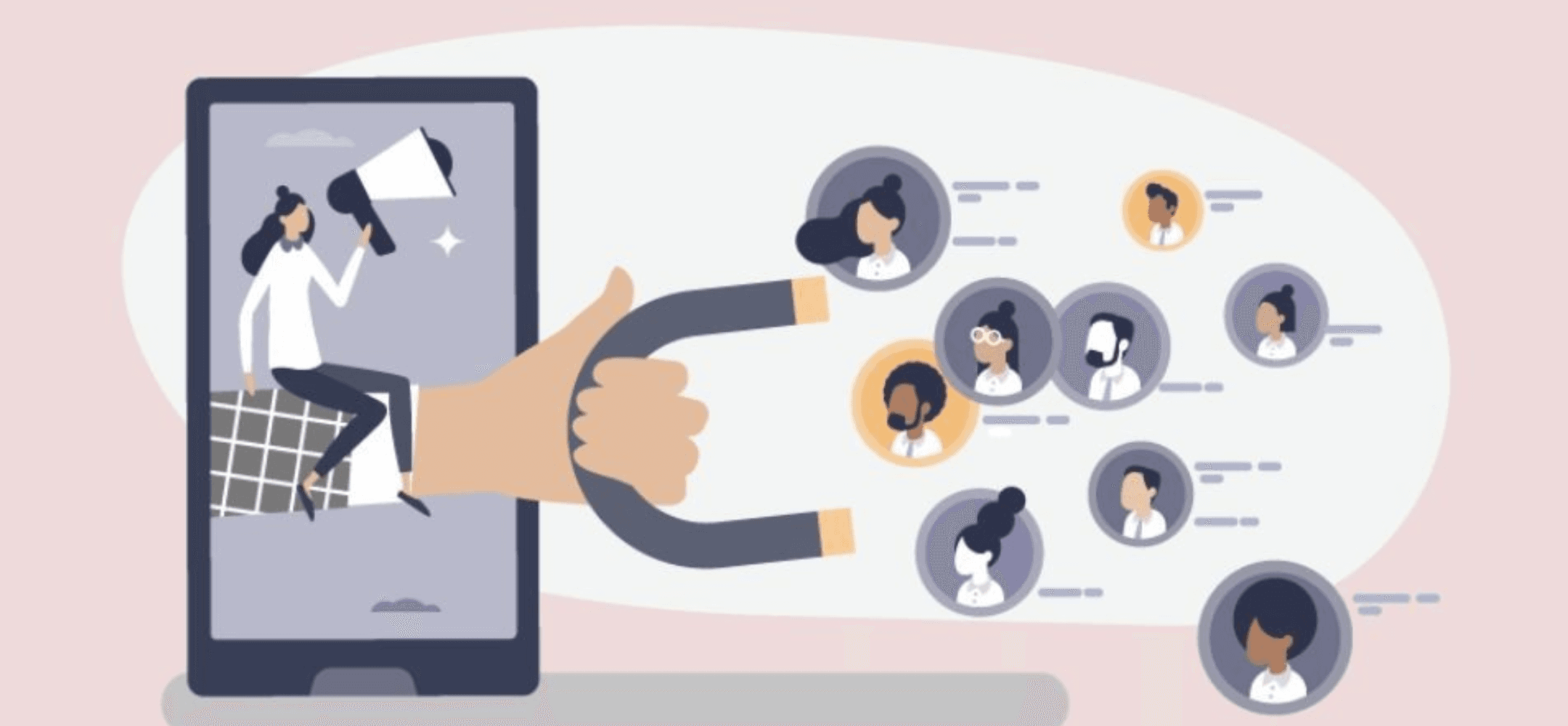 Illustratie van een vrouw met een megafoon die uit een smartphone verschijnt, terwijl een grote hand een magneet vasthoudt die verschillende mensen aantrekt, symbool voor het werven en aantrekken van talent via digitale communicatie.