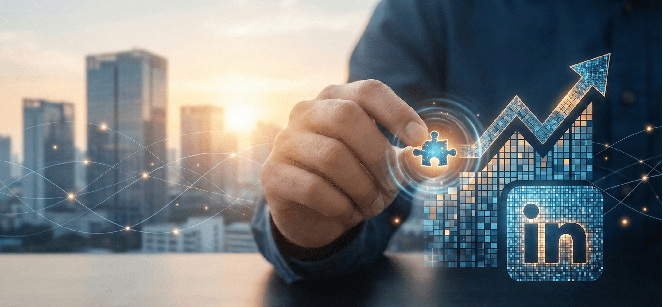 Een zakelijke visualisatie waarbij een hand een strategisch element toevoegt aan een stijgende groeilijn, wat symbool staat voor hoe kleine stappen leiden tot grote impact binnen LinkedIn personal branding.