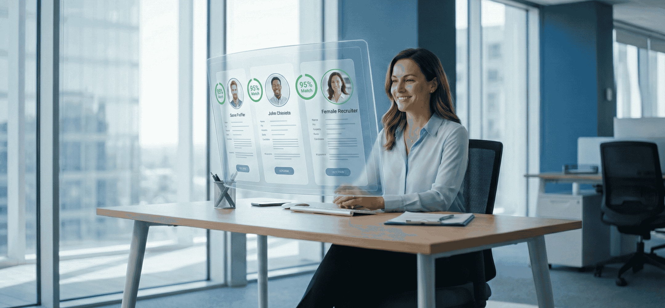 Een lachende recruiter in een modern kantoor bekijkt kandidaatprofielen met een 95% match op een futuristisch holografisch scherm, ondersteund door recruiter AI technologie.