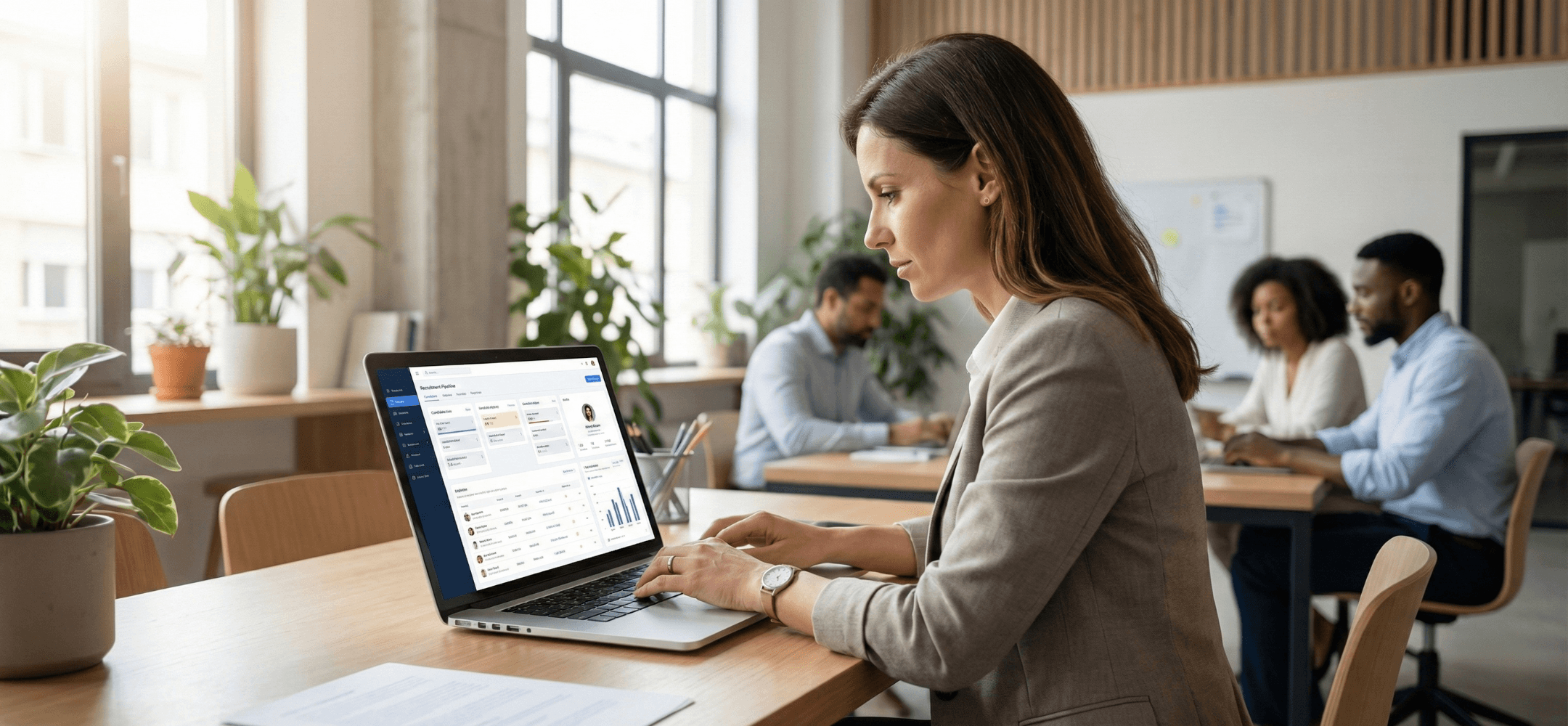 Een professionele recruiter werkt op een laptop met daarop een overzichtelijk dashboard van recruitmentsoftware, in een modern kantoor.