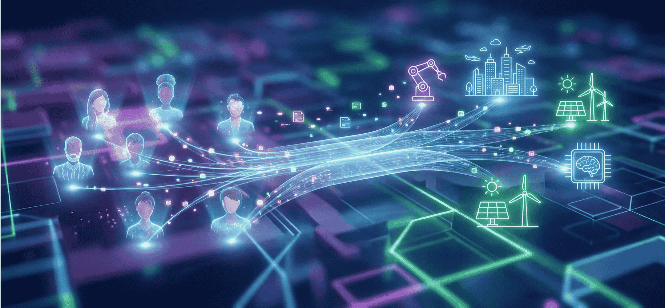 Futuristische visualisatie van werving en selectie in de techniek voor 2025 en 2026. Gloeiende digitale lijnen verbinden menselijk talent met technologische innovaties zoals chips, robotica en duurzame energie.