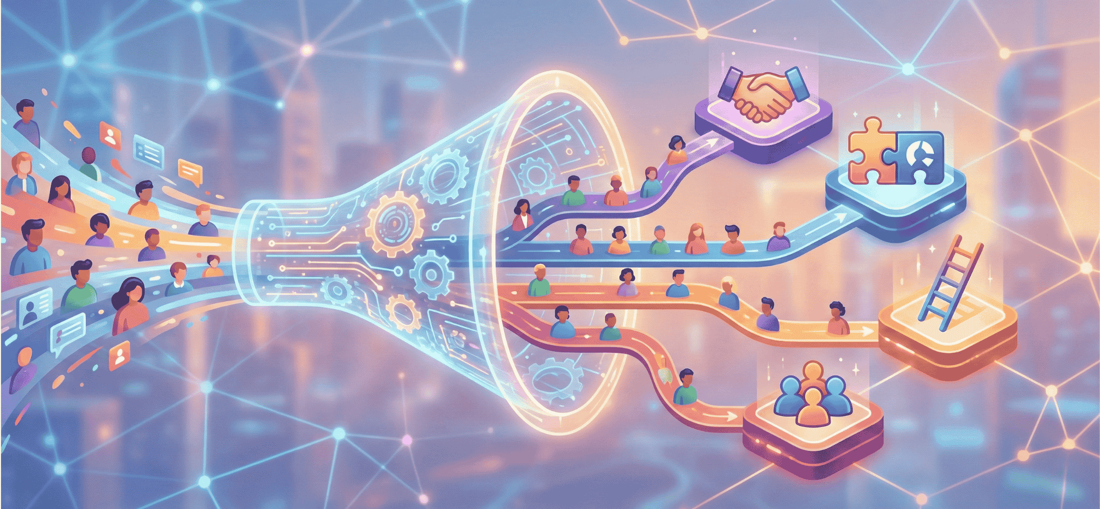 Futuristische illustratie van een digitale recruitment-trechter die kandidaten filtert en sorteert, symbool voor de werking van een ATS-systeem.