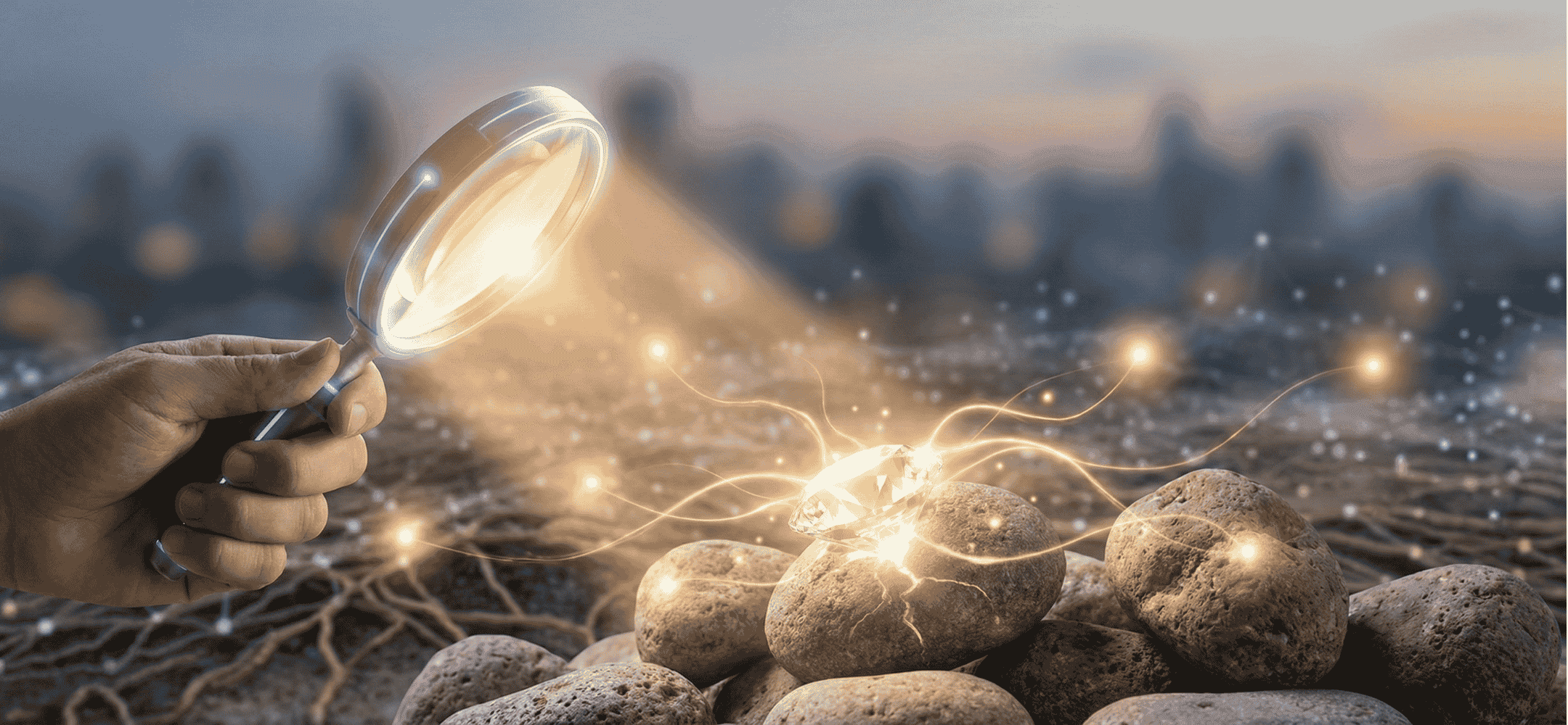 Een hand houdt een geavanceerd vergrootglas vast dat een gloeiende diamant onthult die verborgen zit in een ruwe steen, symbool voor het vinden van latent zoekende kandidaten en verborgen talent in recruitment.