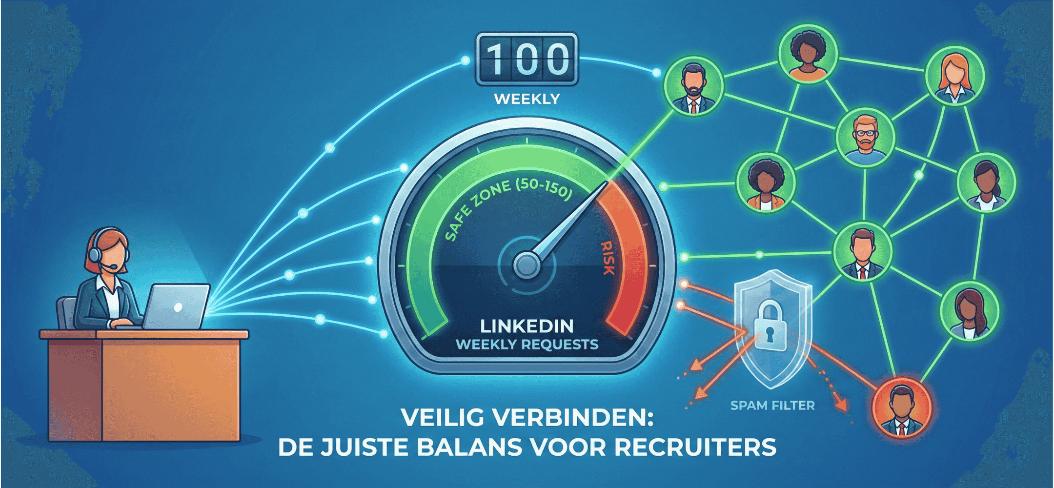 Header illustratie die de balans toont voor LinkedIn connectieverzoeken door recruiters. Een meter wijst naar de 'SAFE ZONE (50-150)' connecties per week, met een teller op 100. Een recruiter legt contacten terwijl een spamfilter de risico's blokkeert. De tekst luidt: "VEILIG VERBINDEN: DE JUISTE BALANS VOOR RECRUITERS"