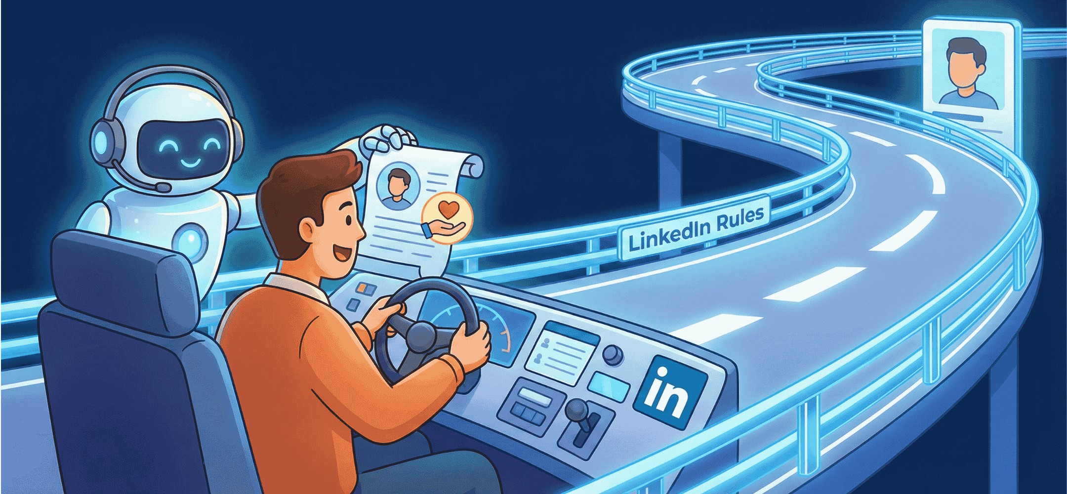 Cartoon illustratie van een recruiter die een voertuig bestuurt, geassisteerd door een AI-copiloot die een gepersonaliseerd bericht aanreikt. Ze rijden op een digitale weg met vangrails gelabeld 'LinkedIn Rules', wat symbool staat voor veilige en persoonlijke InMail automation waarbij de mens de controle houdt.