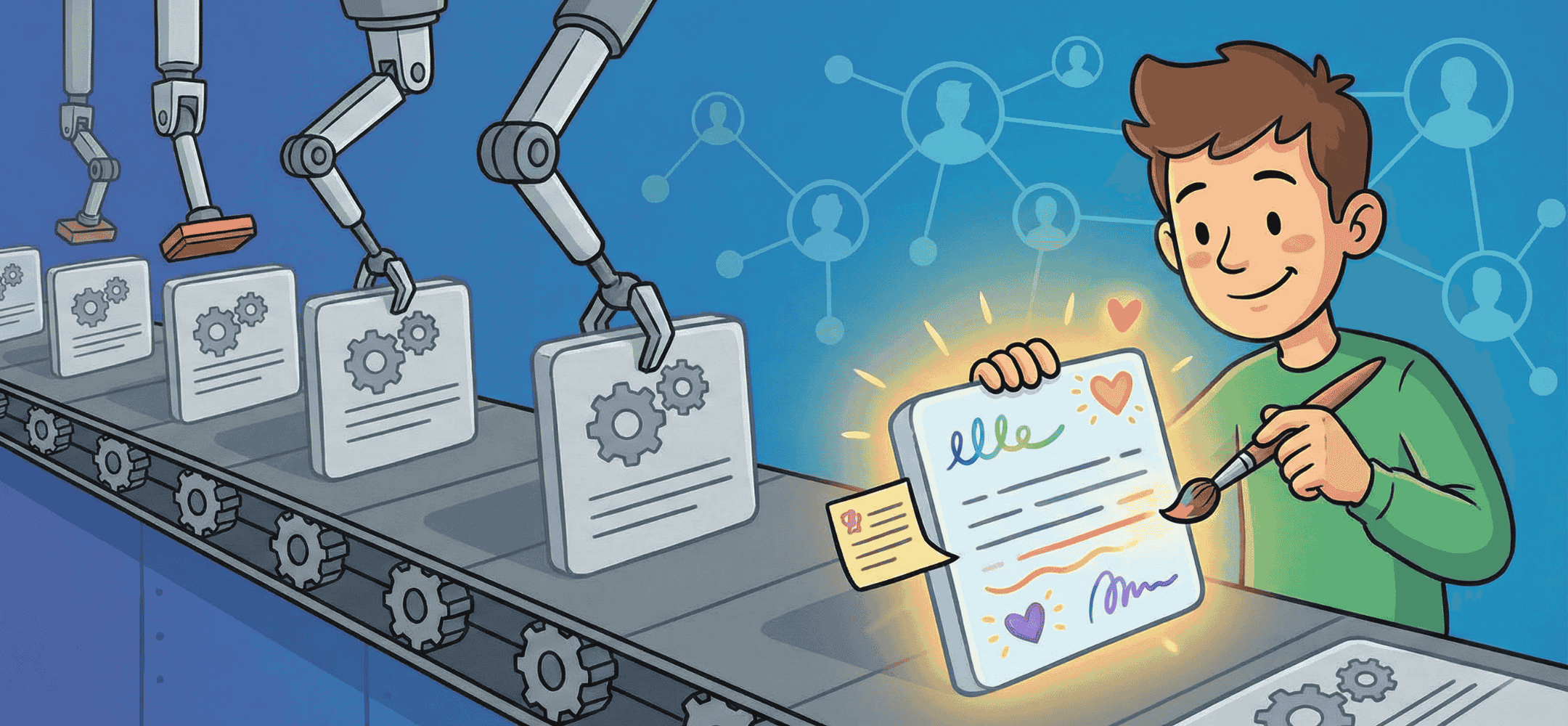 Cartoon illustratie van een recruiter die een digitaal LinkedIn outreach template invult met persoonlijke details om menselijk contact te visualiseren.