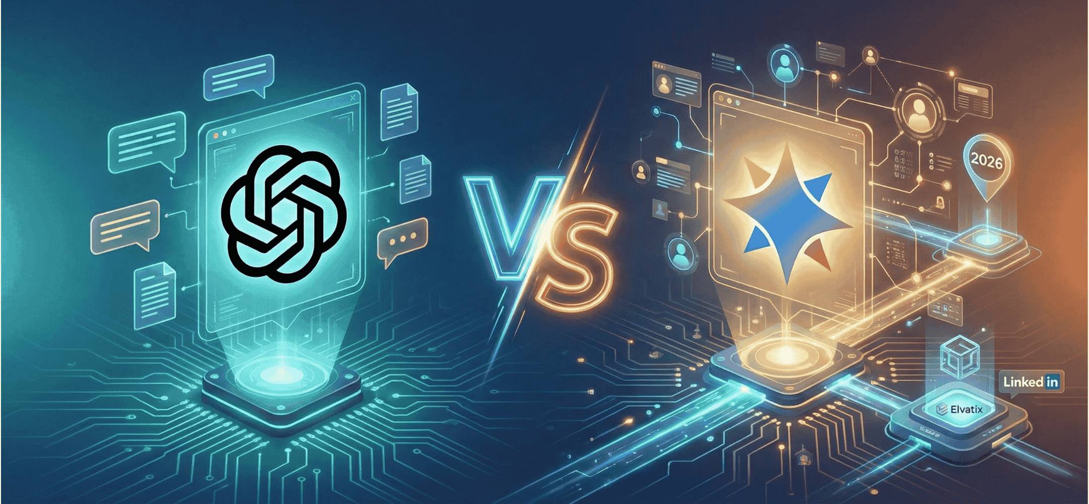 Een futuristische weergave van het OpenAI-logo (ChatGPT) links tegenover het Google Gemini-logo rechts, gescheiden door een 'VS'. De afbeelding visualiseert de strategische keuze van Elvatix om vanaf 2026 Gemini te gebruiken als basis voor LinkedIn-recruitment integraties.
