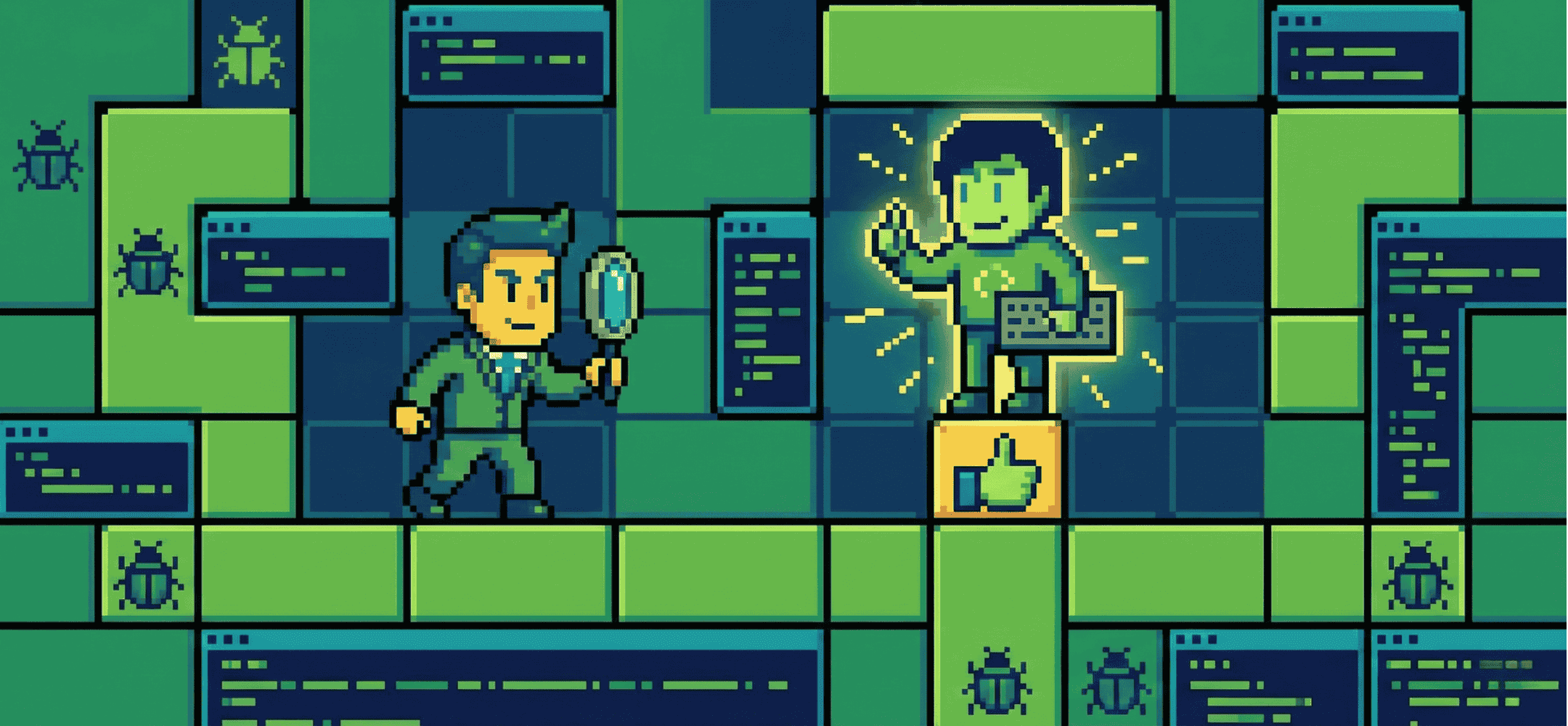 Een retro pixel-art illustratie van een recruiter-personage met een vergrootglas die een zeldzame, gloeiende ontwikkelaar met een toetsenbord en een duim-omhoog-icoon vindt in een digitale doolhof van codeblokken en bugs.