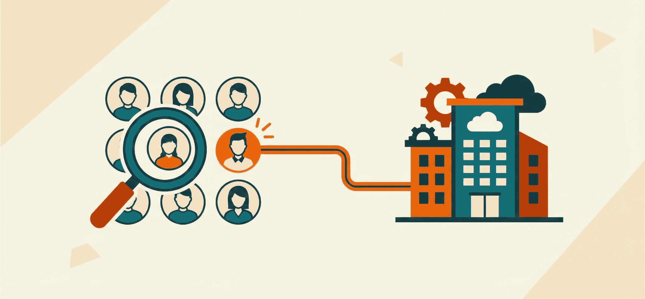 Minimalistische flat vector illustratie in oranje en blauw tinten, waarbij een vergrootglas-icoon een specifiek kandidaat-profiel uitlicht en verbindt met een bedrijfsicoon, illustrerend voor het vinden van de juiste match.