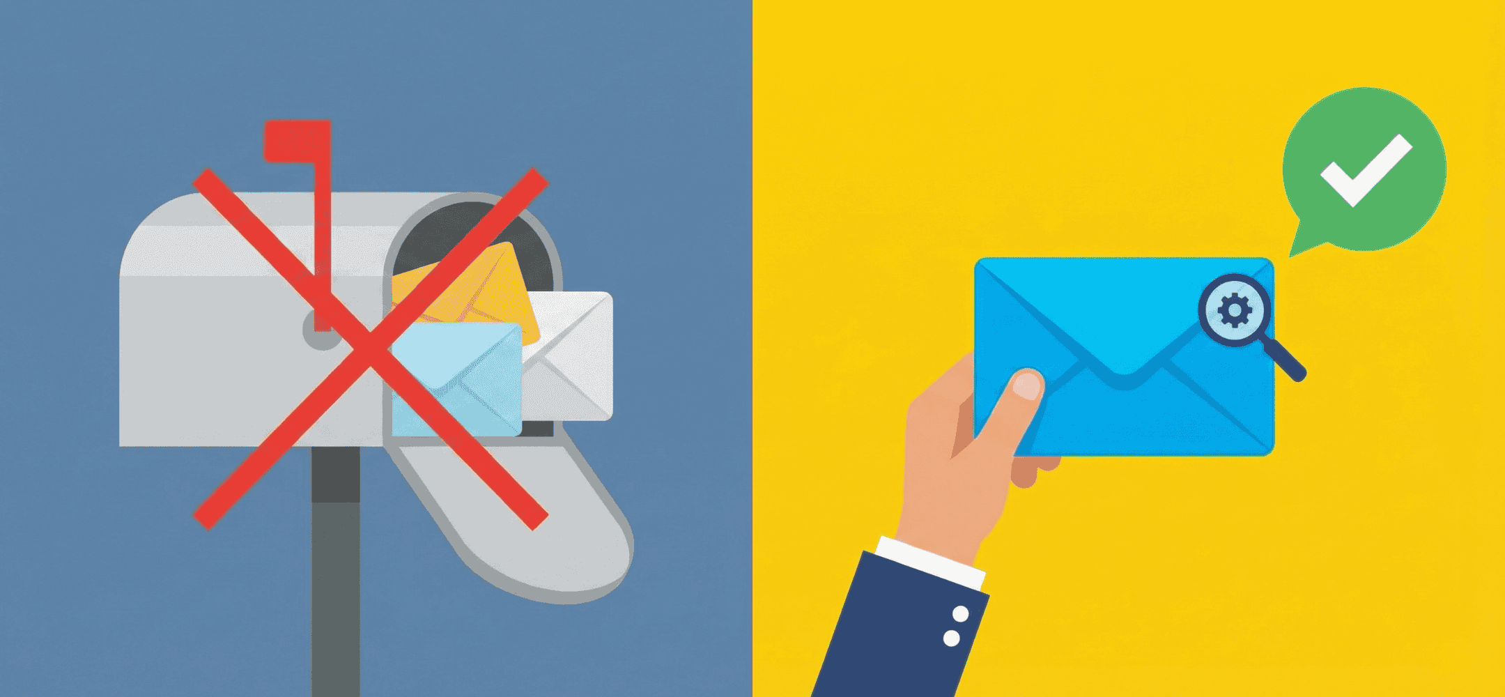 Een minimalistische vectorillustratie die een overvolle, genegeerde brievenbus vergelijkt met een hand die één gepersonaliseerd bericht vasthoudt met een specifiek detail, leidend tot een positieve reactie